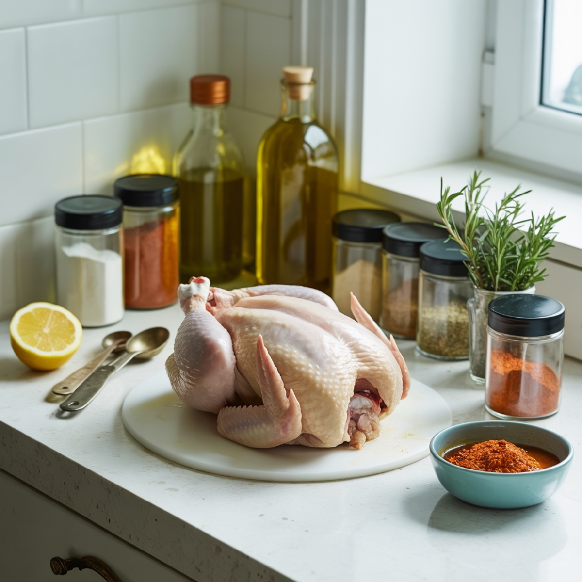 Ingredients laid out for Instant Pot Frozen Whole Chicken recipe
