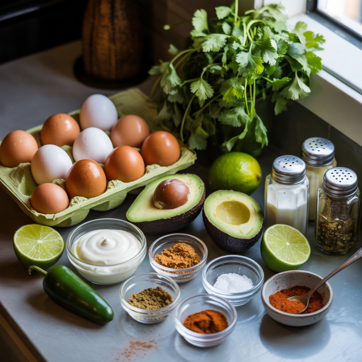 fresh ingredients for Mexican deviled eggs recipe on counter