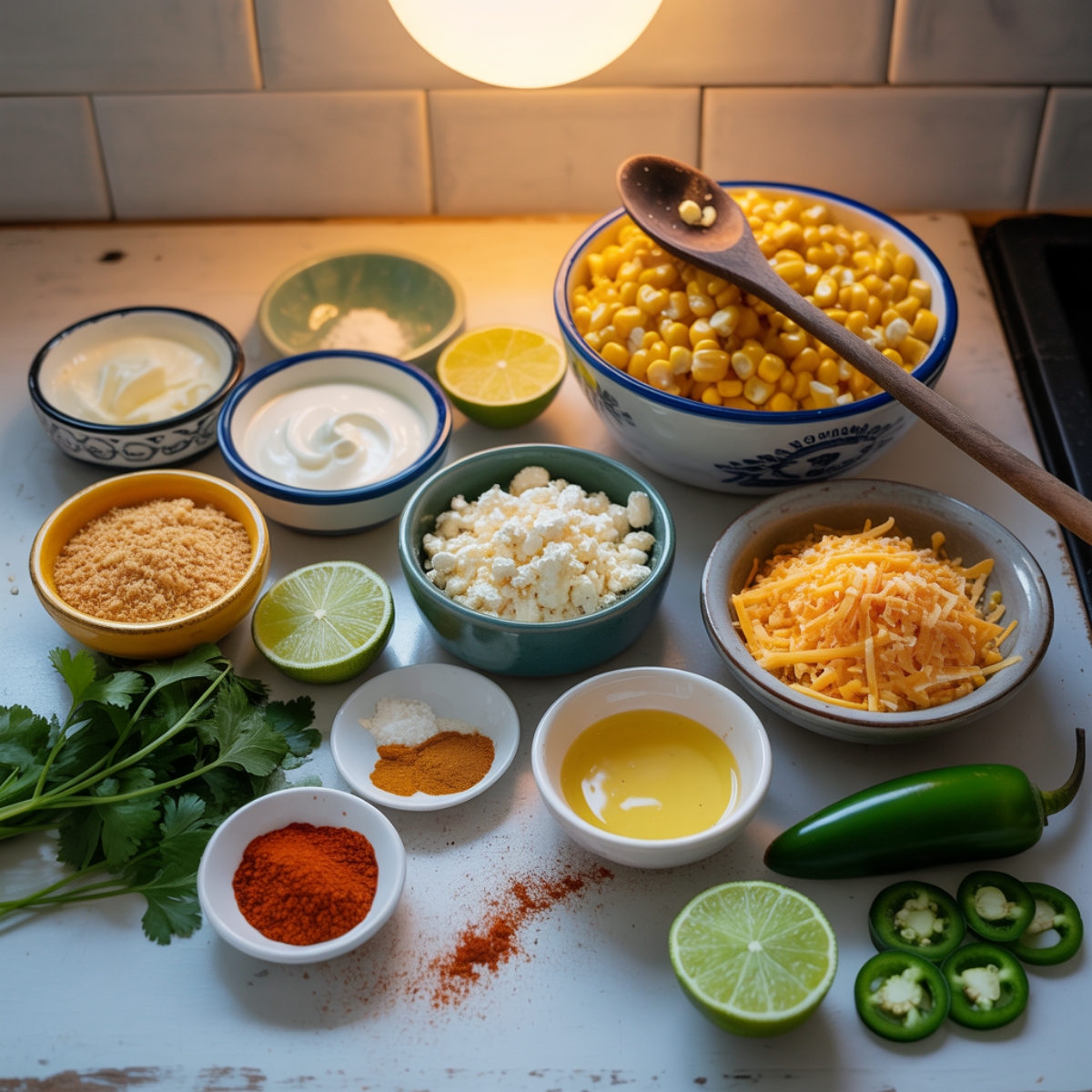 Ingredients laid out for homemade Mexican street corn casserole

