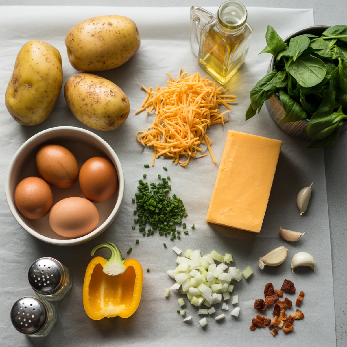 flat lay of fresh ingredients for potato egg scramble on white counter