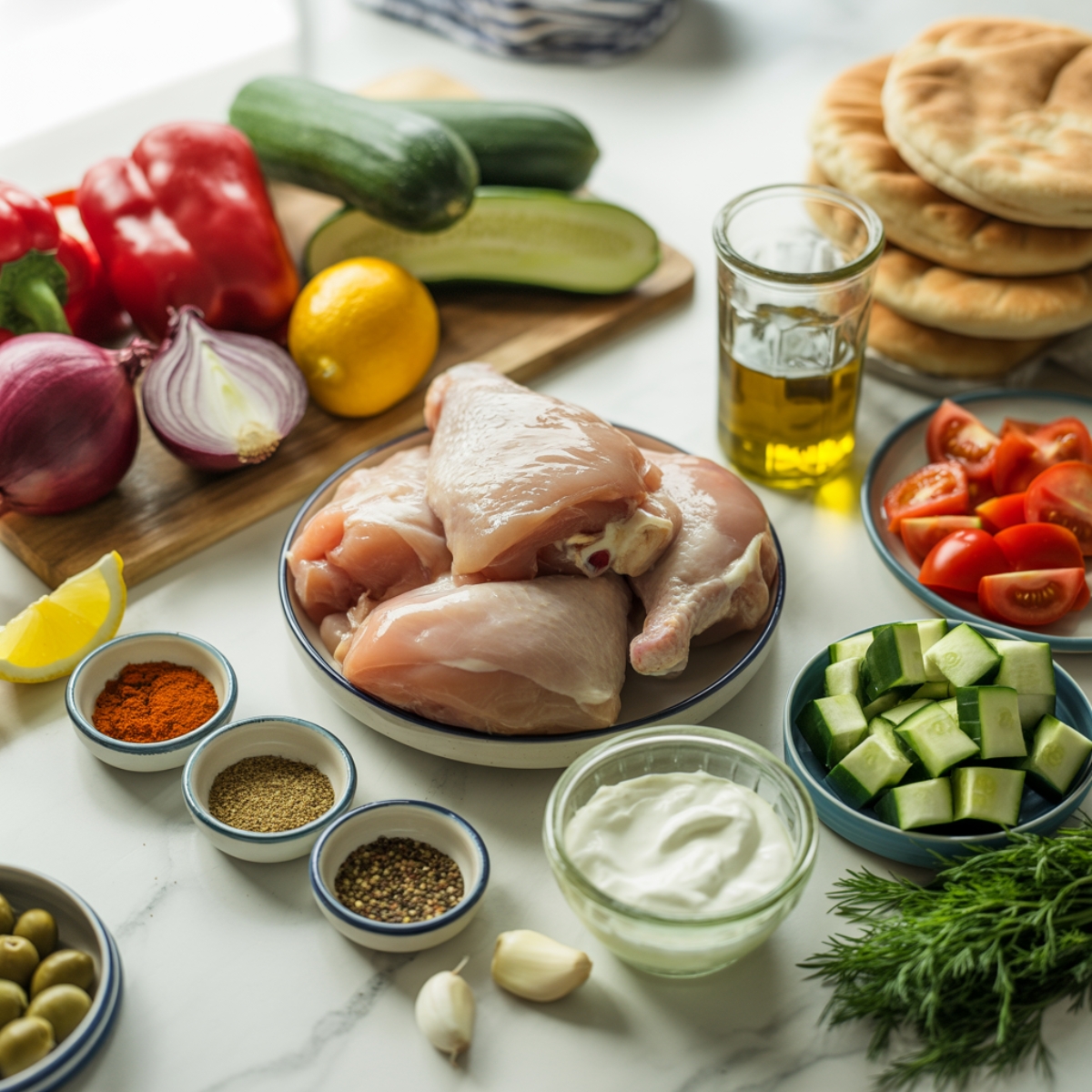 all ingredients for Sheet Pan Chicken Pitas arranged on white kitchen counter