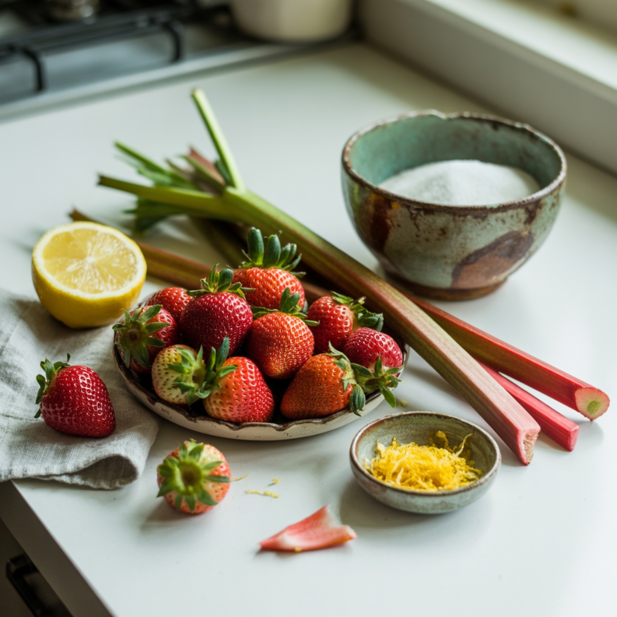 Ingredients for strawberry rhubarb jam recipe on white counter