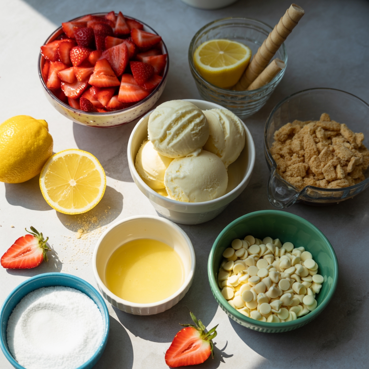 Ingredients for homemade strawberry shortcake ice cream bar laid out on kitchen counter

