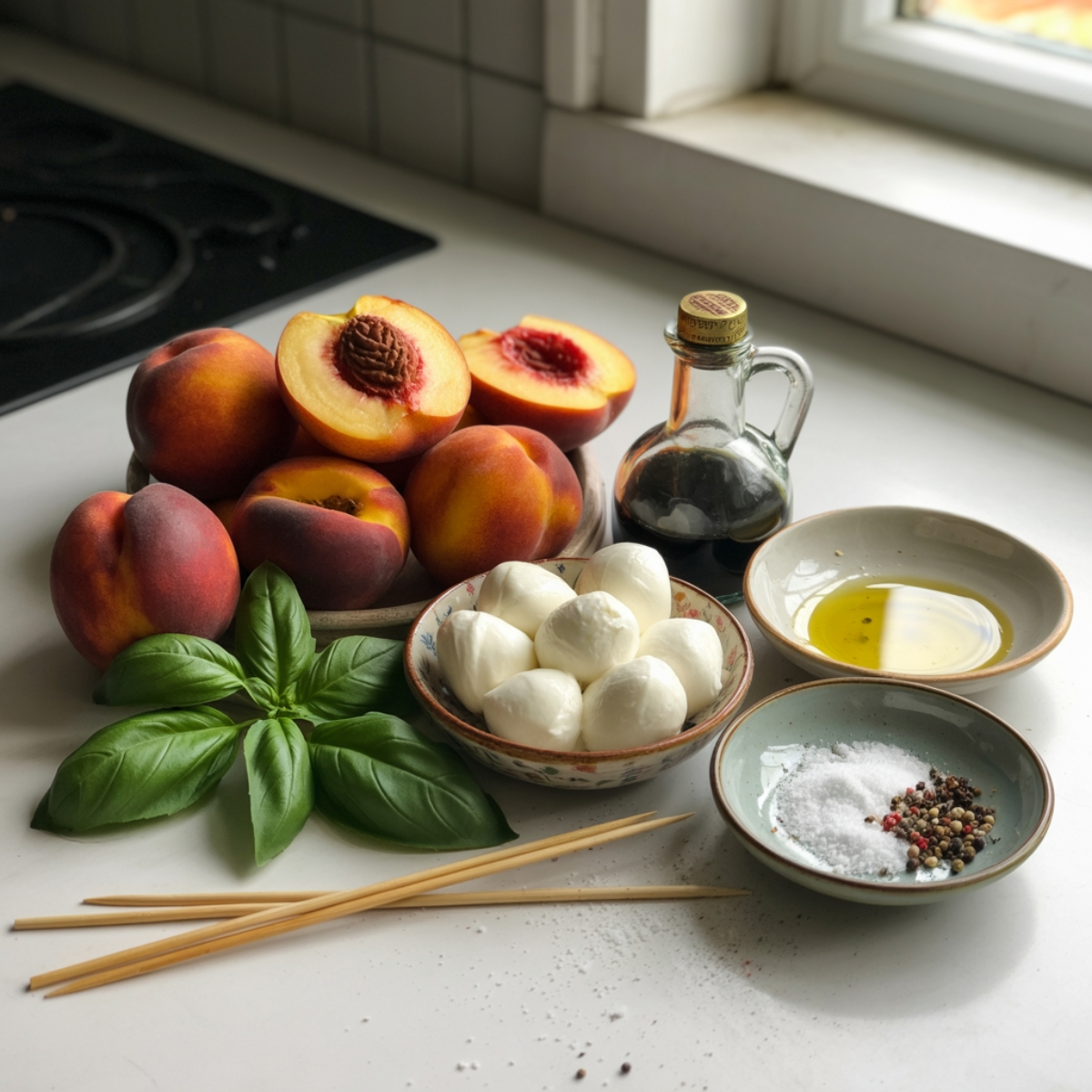 Ingredients for Peach Caprese Skewers arranged on a white counter