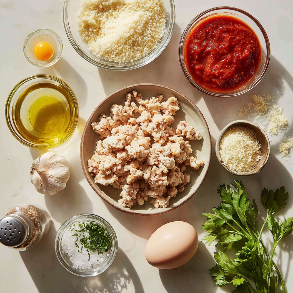 ingredients for Italian chicken meatballs laid out on a white counter