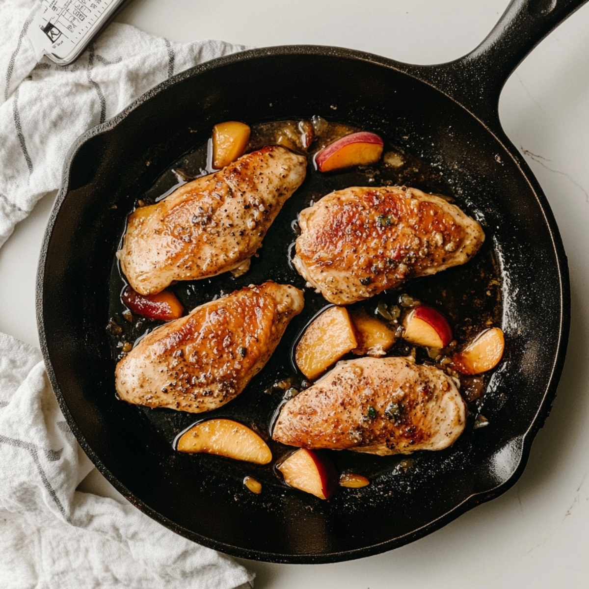 jalapeño peach chicken cooking in skillet
