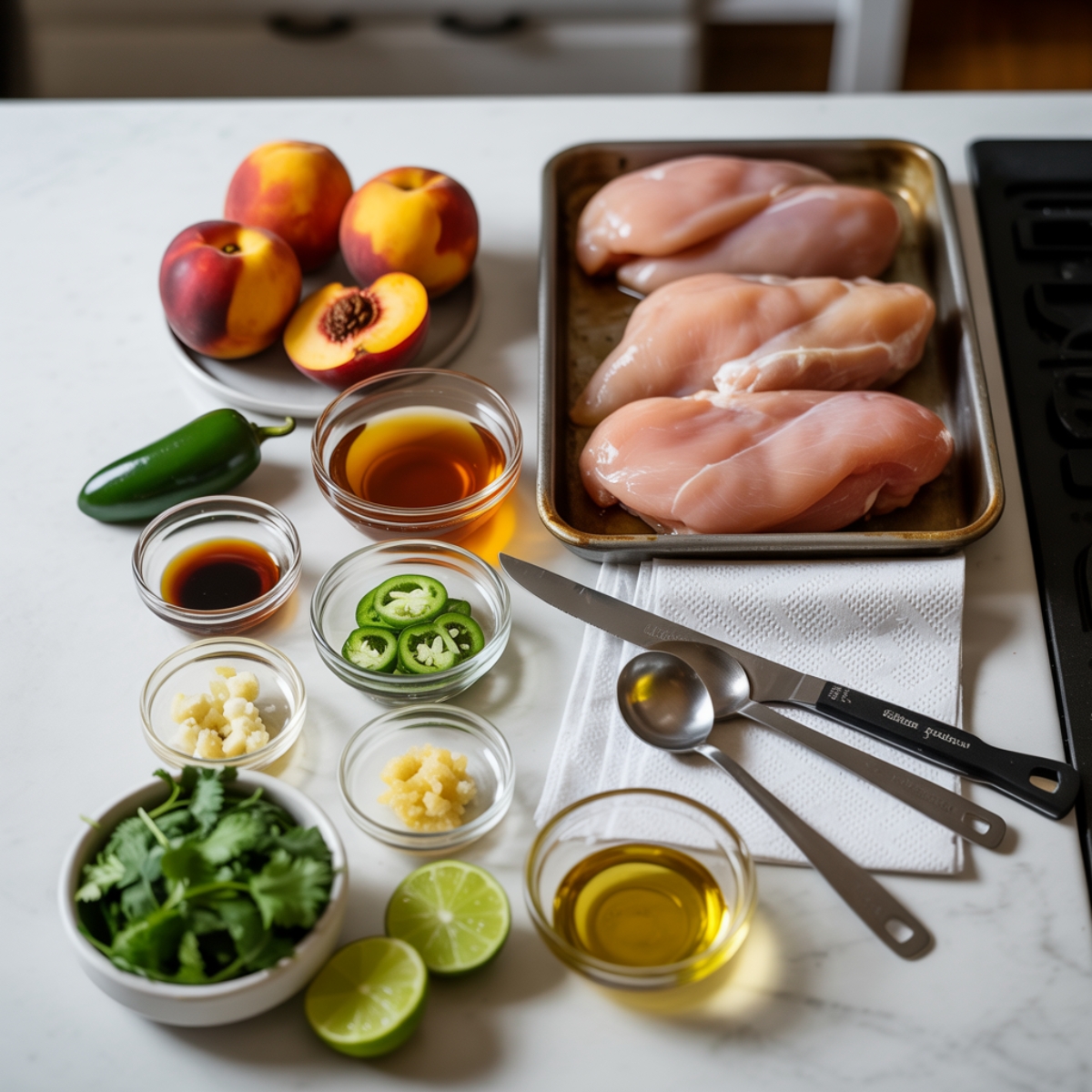 top-down ingredients for jalapeño peach chicken recipe
