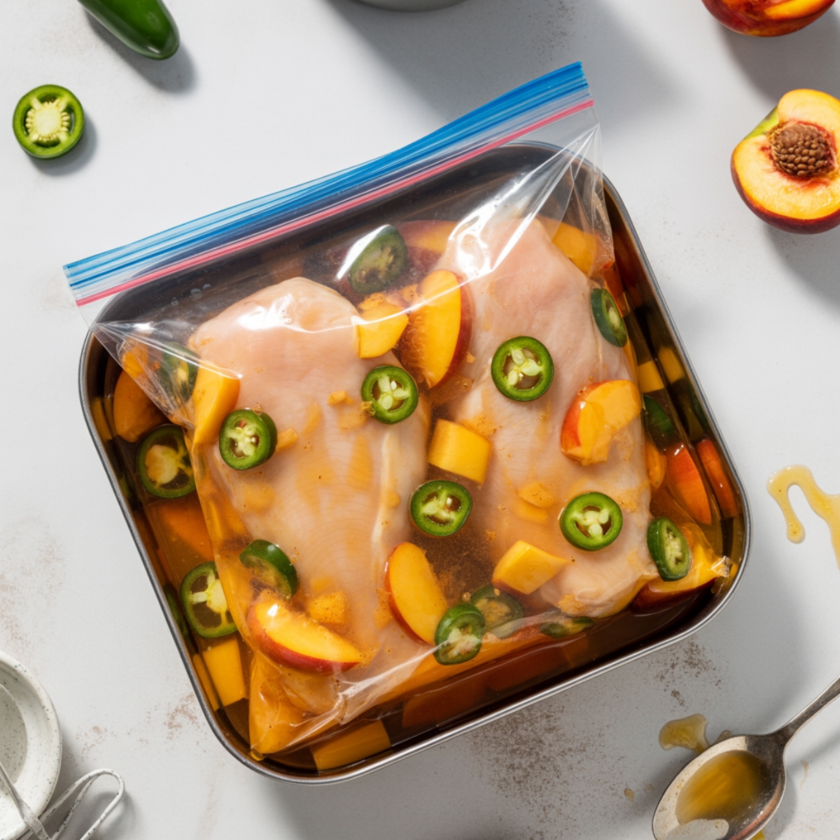 marinating jalapeño peach chicken in zip-top bag