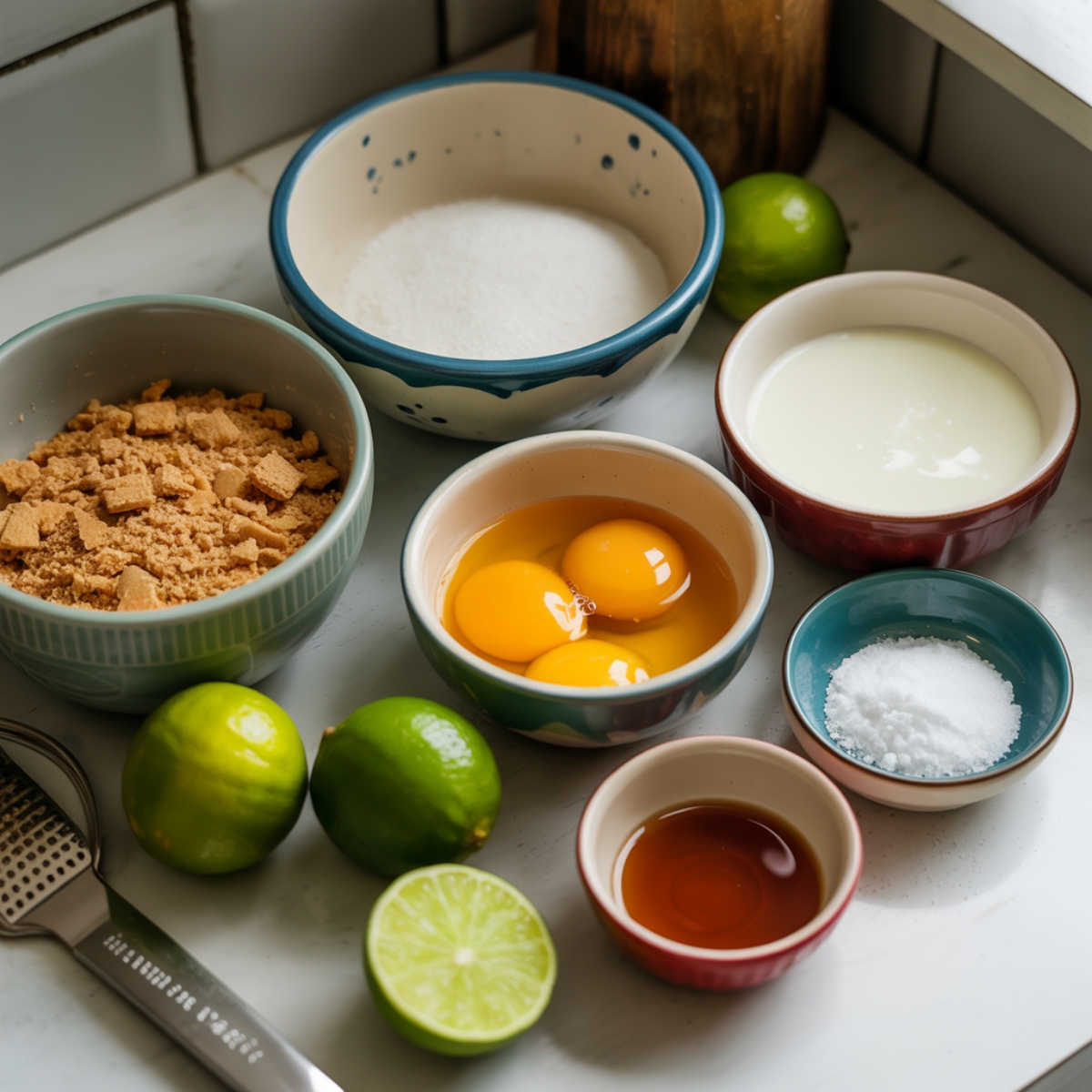 Key lime pie bars ingredients flatlay on white counter