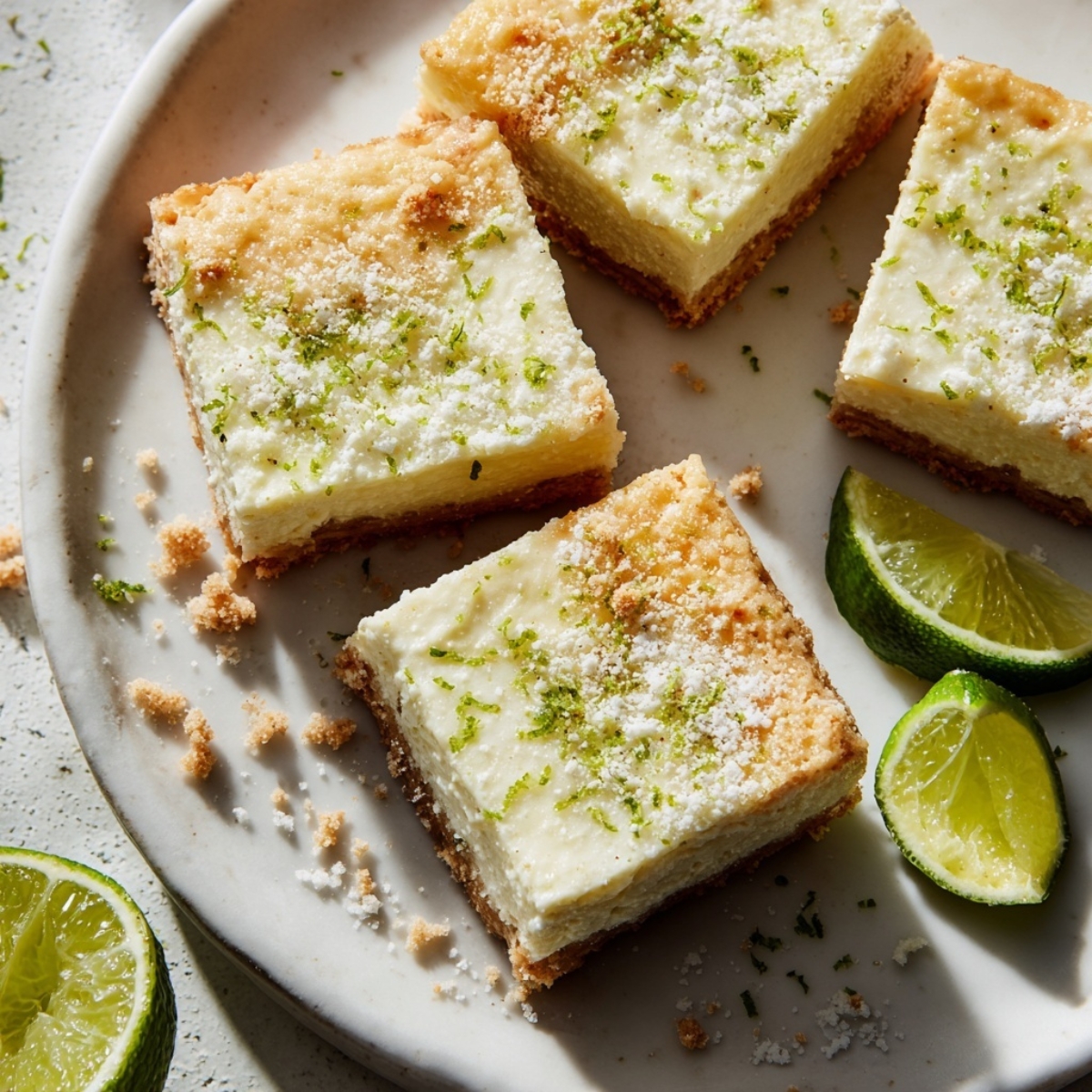 Key lime pie bars on plate with lime zest on white counter