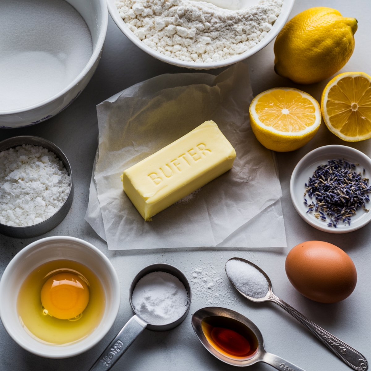 Ingredients for lemon lavender cookies laid out on white counter