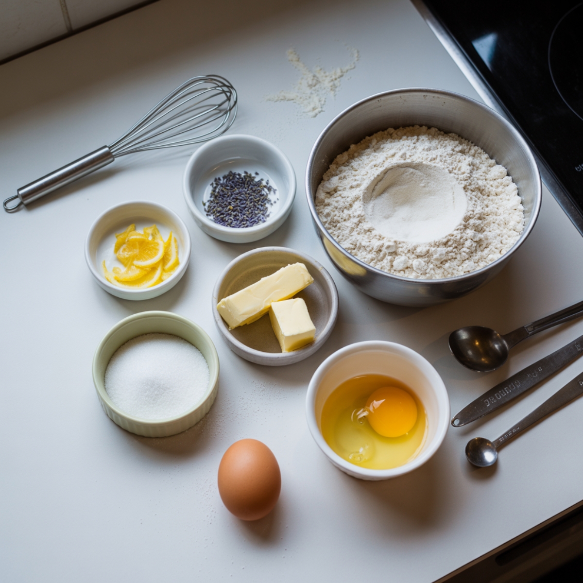 Prepping lemon lavender cookies ingredients on kitchen counter