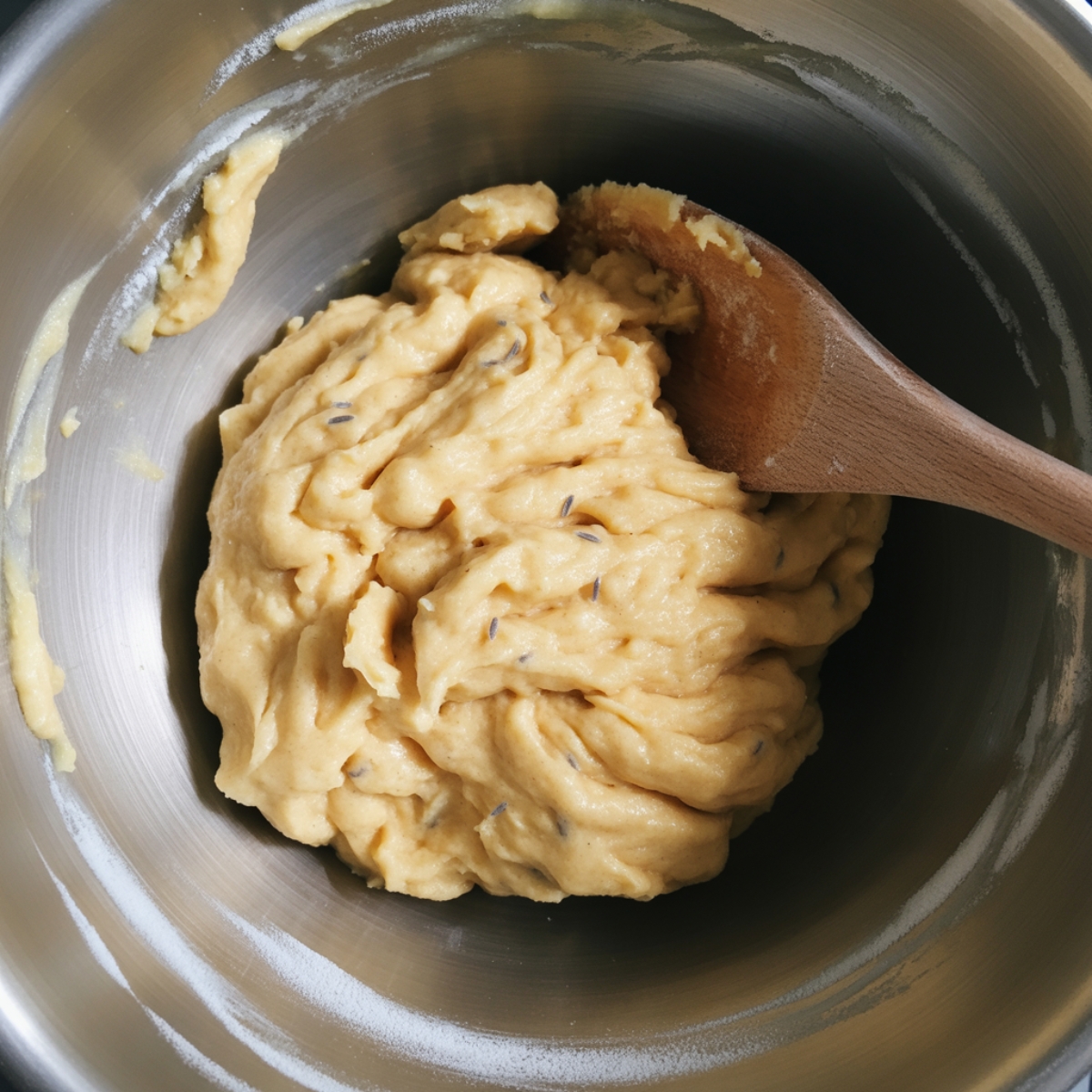Lemon lavender cookies dough in mixing bowl top view