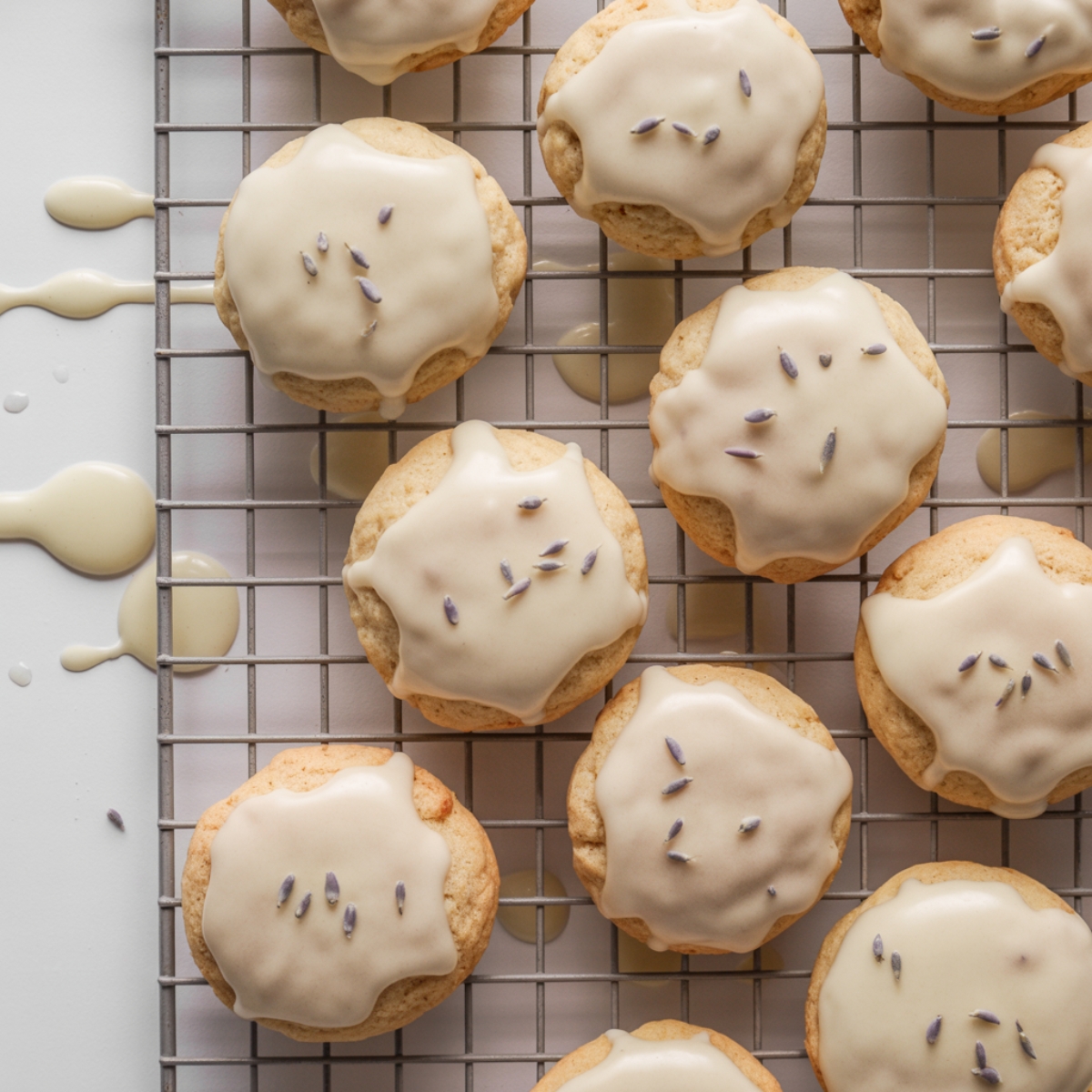 Glazed lemon lavender cookies cooling on wire rack