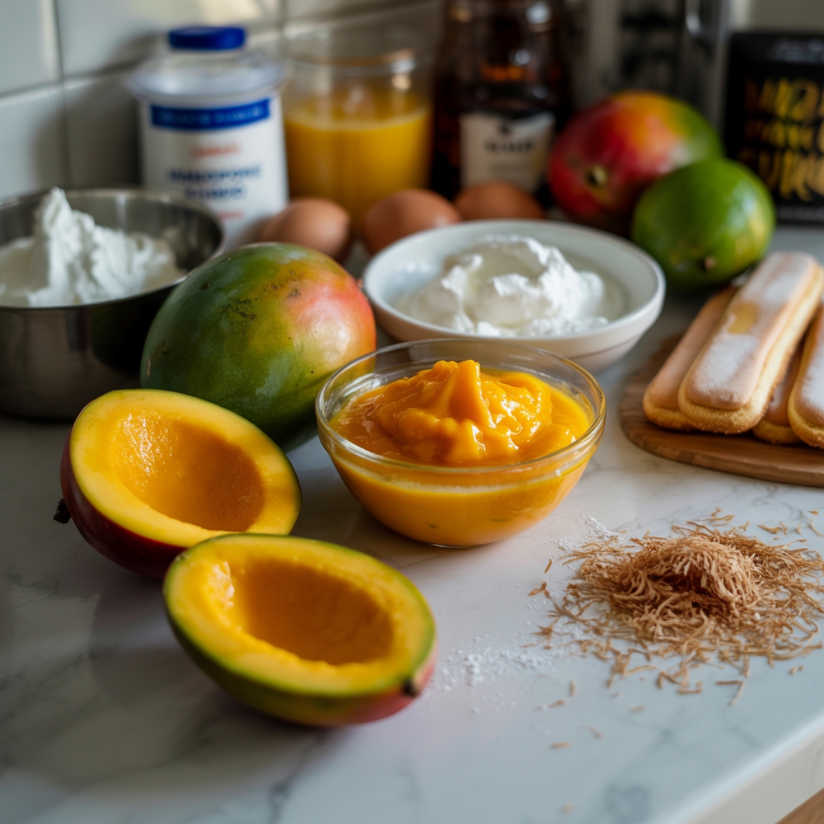 Ingredients for mango tiramisu recipe on a white kitchen counter.