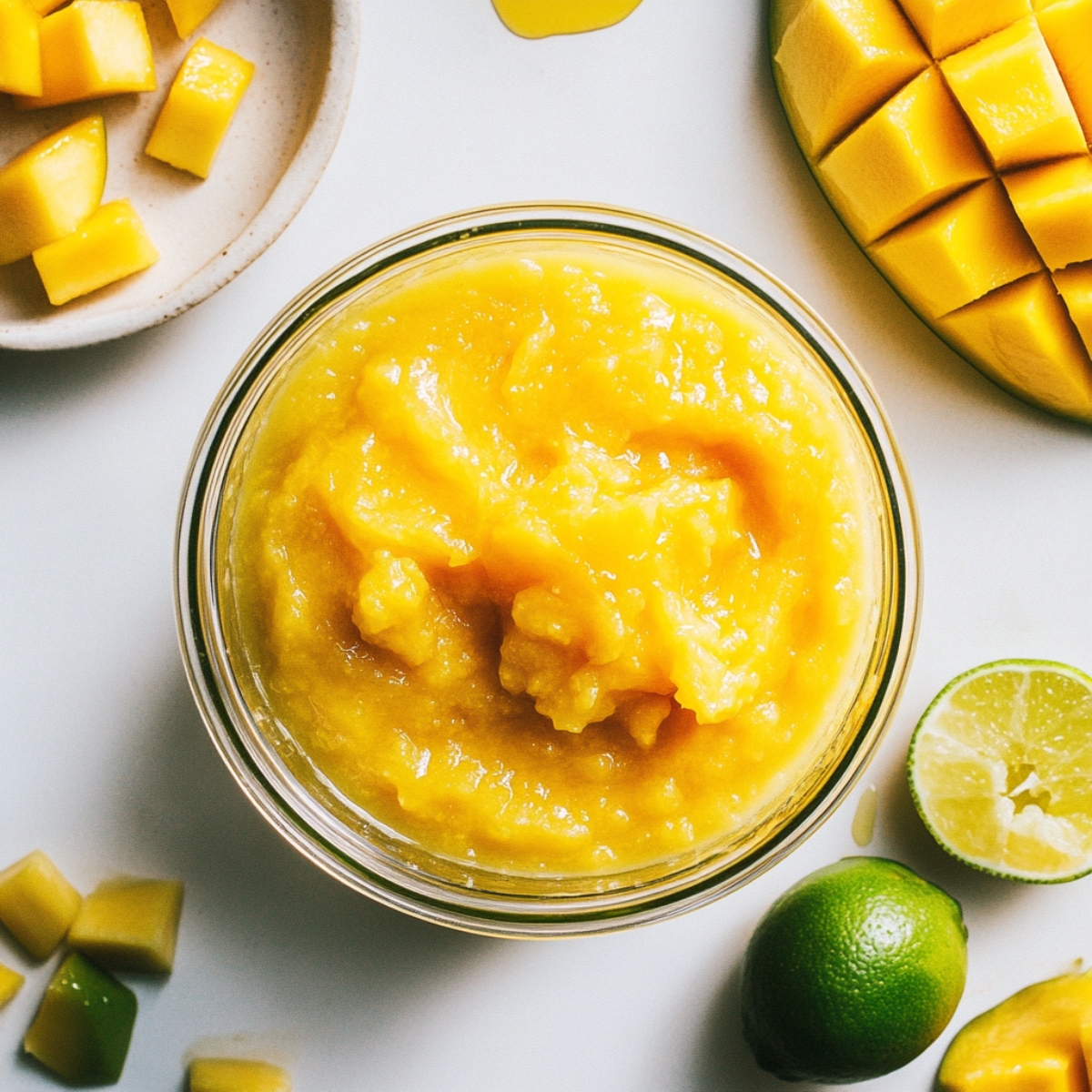 Fresh mango puree, chopped mangoes, and lime on kitchen counter.