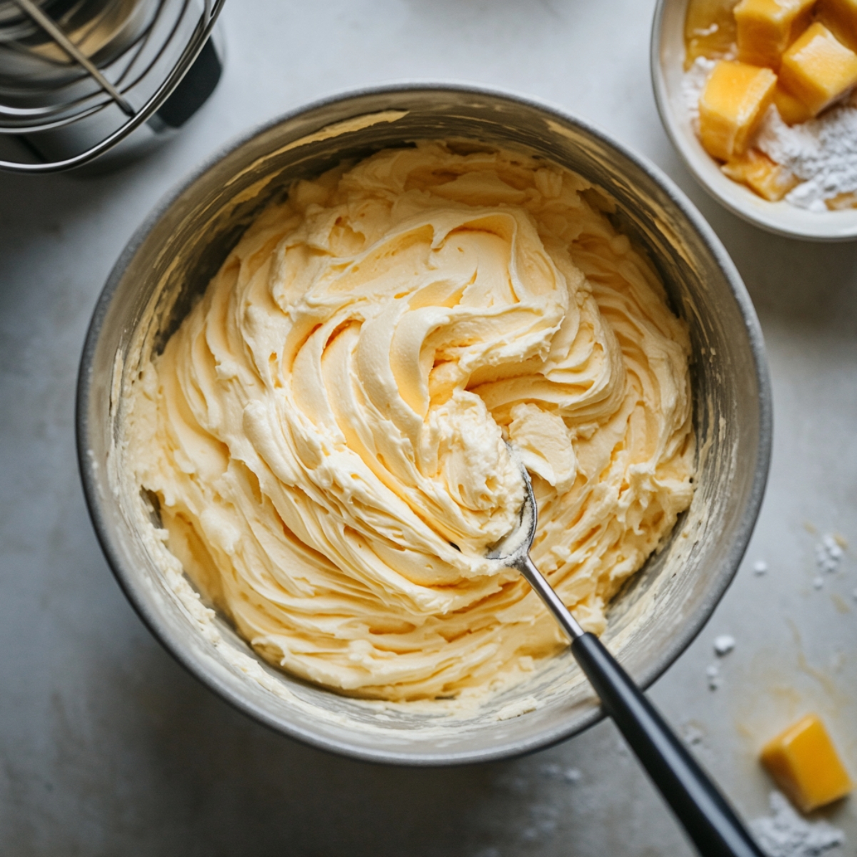 Mango mascarpone cream in bowl with ingredients around.