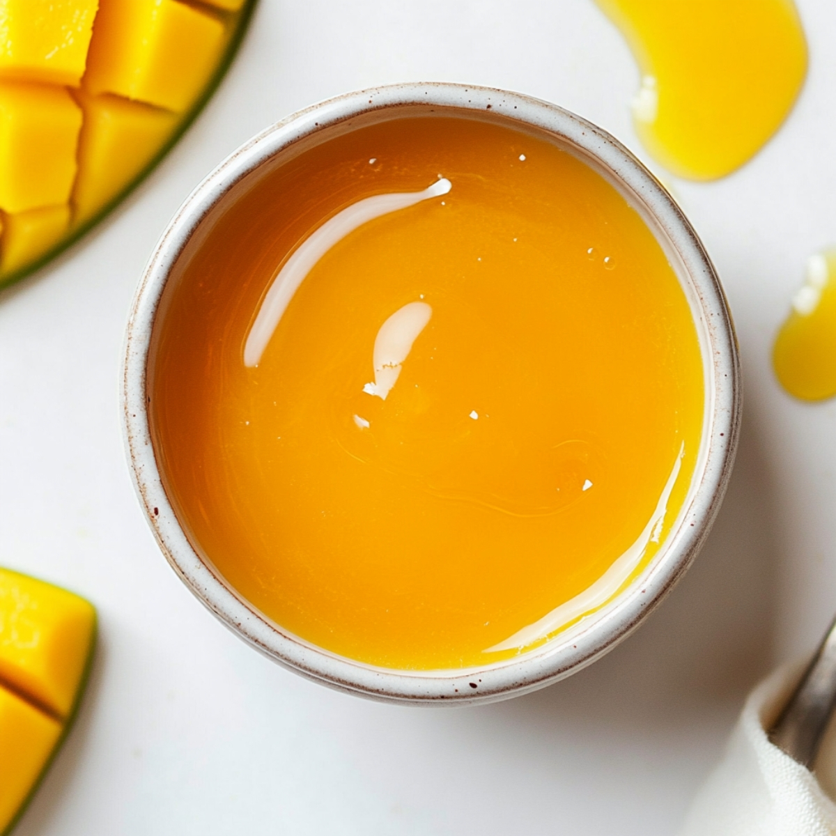 Bowl of mango nectar on white kitchen counter.