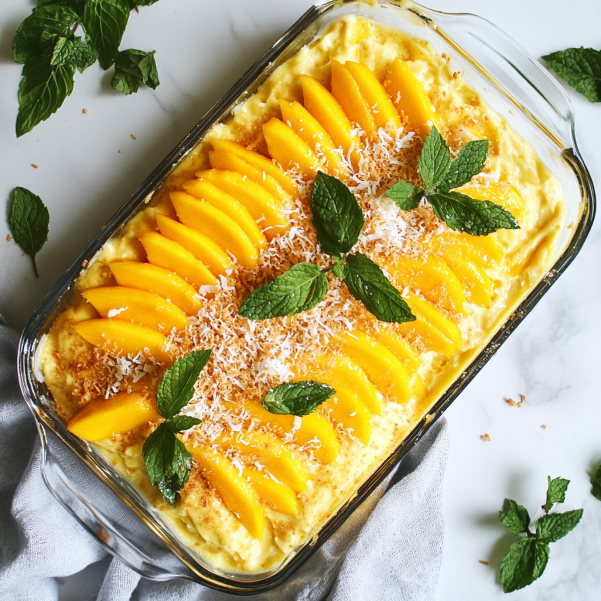 Finished mango tiramisu in a glass dish with fruit garnish.

