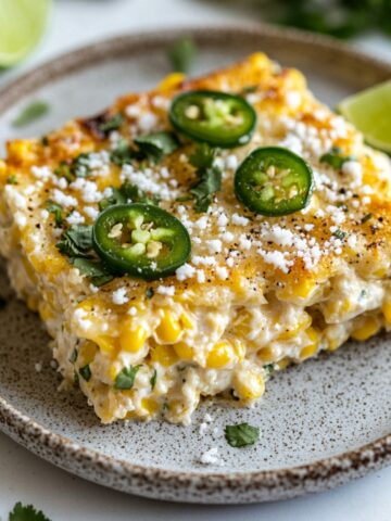 Served portion of Mexican street corn casserole with lime and jalapeños