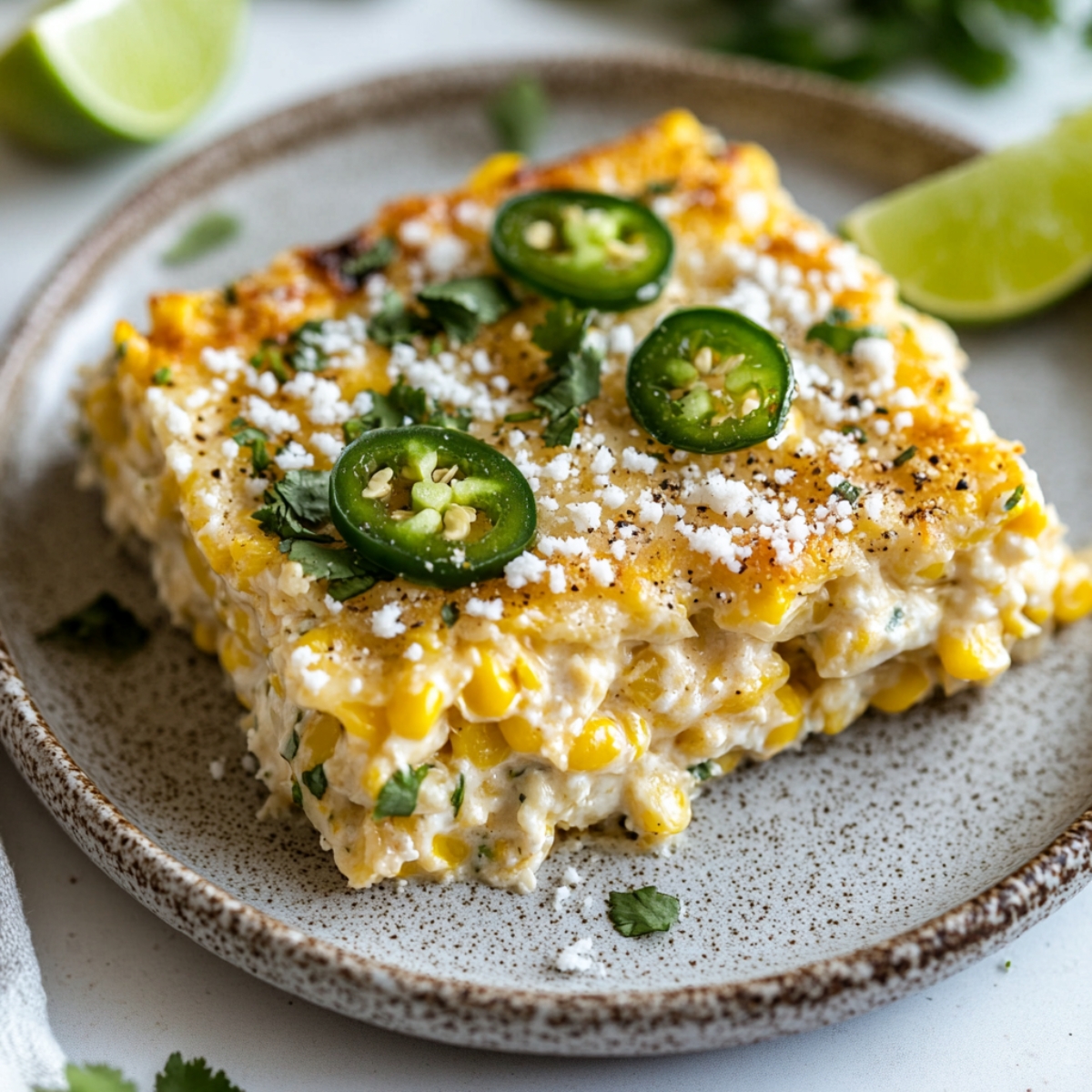 Served portion of Mexican street corn casserole with lime and jalapeños