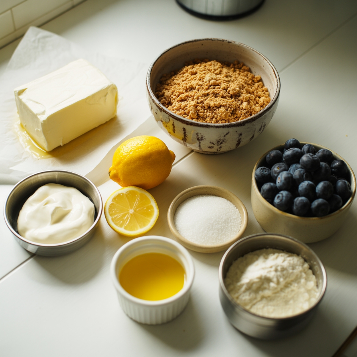 ingredients for mini blueberry lemon cheesecake on a white kitchen counter