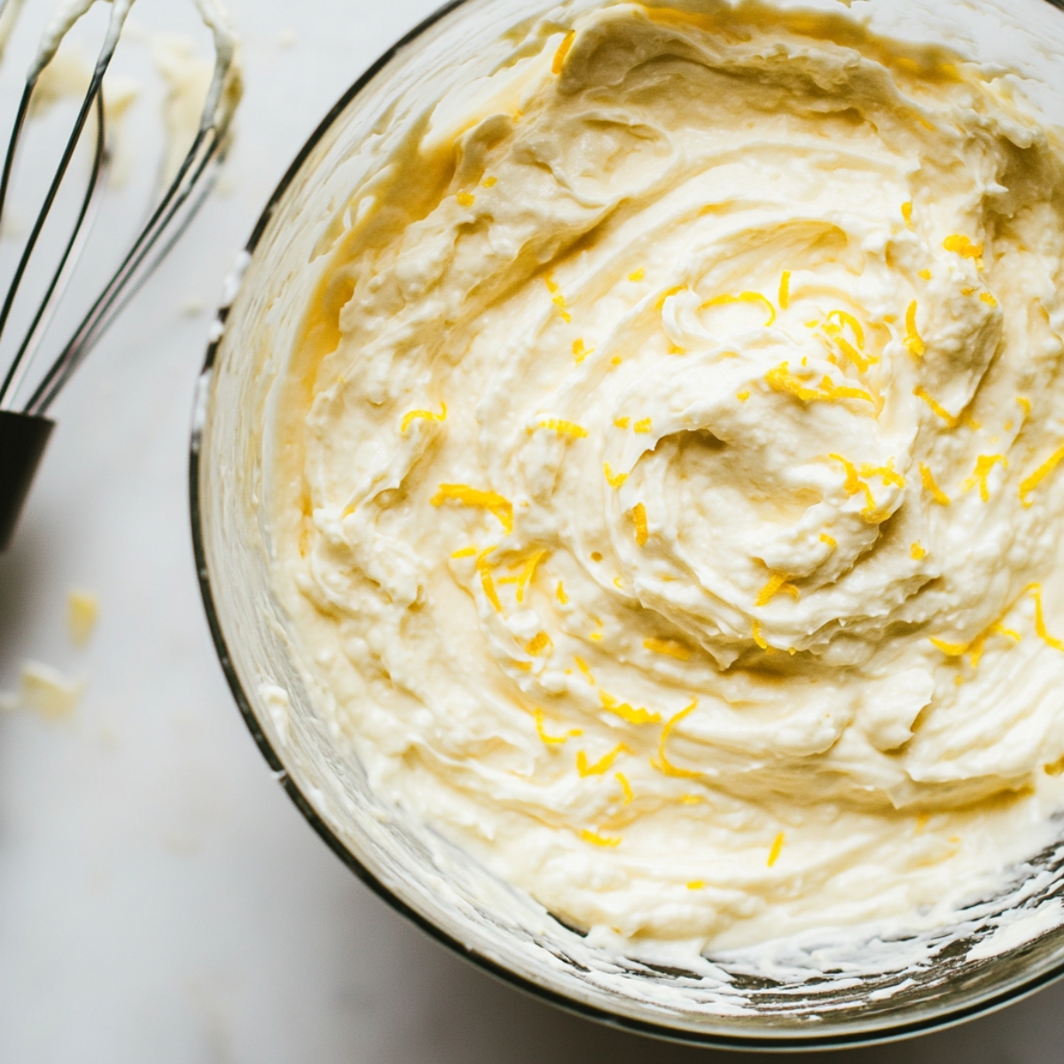 bowl of lemon cheesecake filling with lemon zest visible