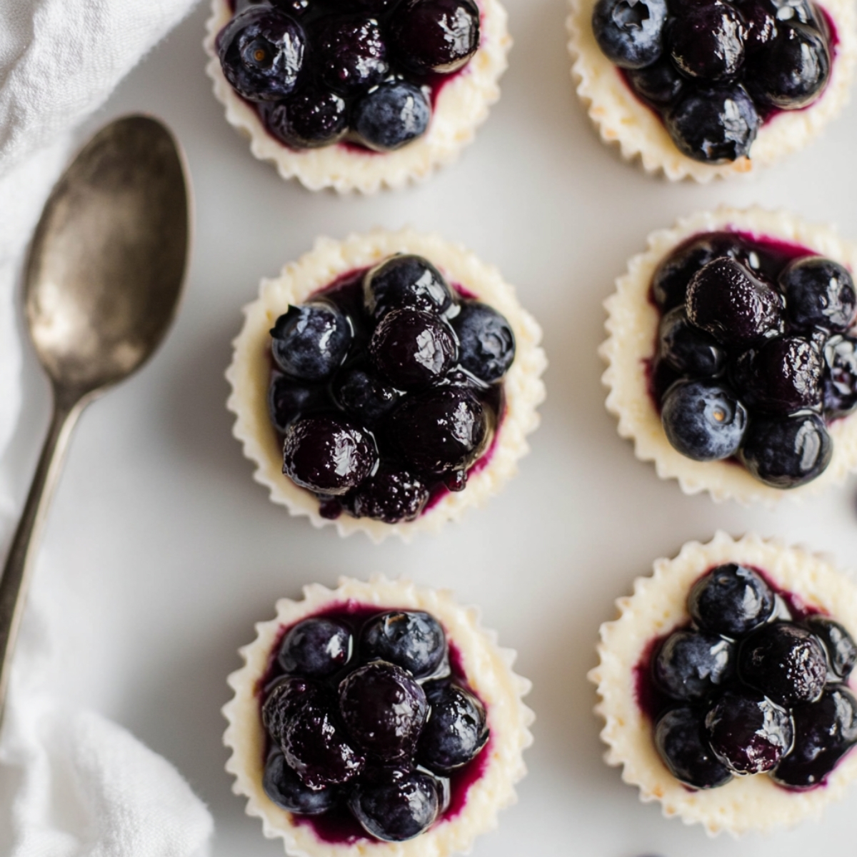 Spoon the chilled blueberry topping over each cheesecake before serving.
