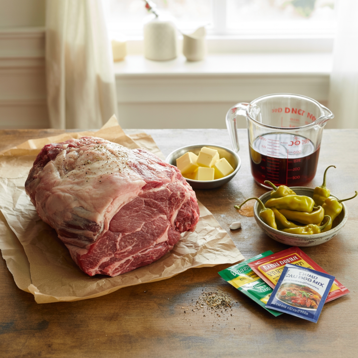 Ingredients for Mississippi roast on white kitchen counter

