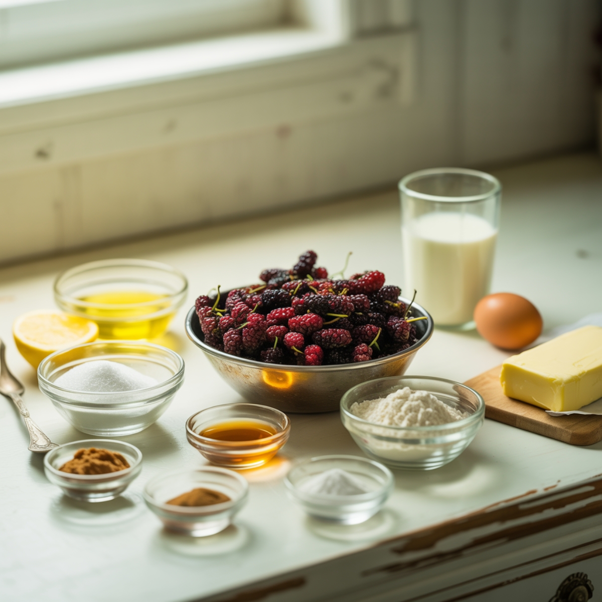 mulberry cobbler ingredients on white kitchen counter