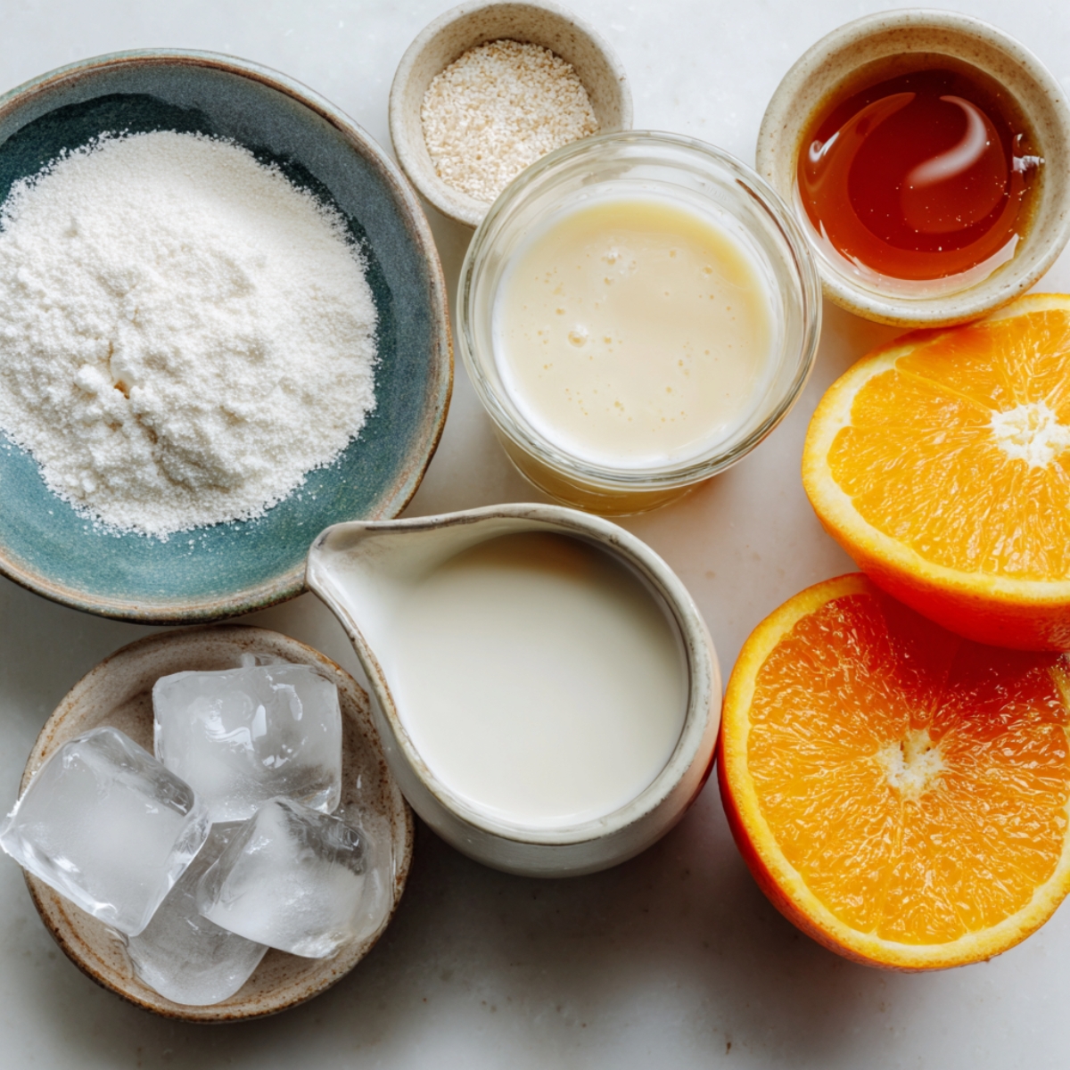 Close-up of Orange Julius smoothie ingredients prepped on white counter