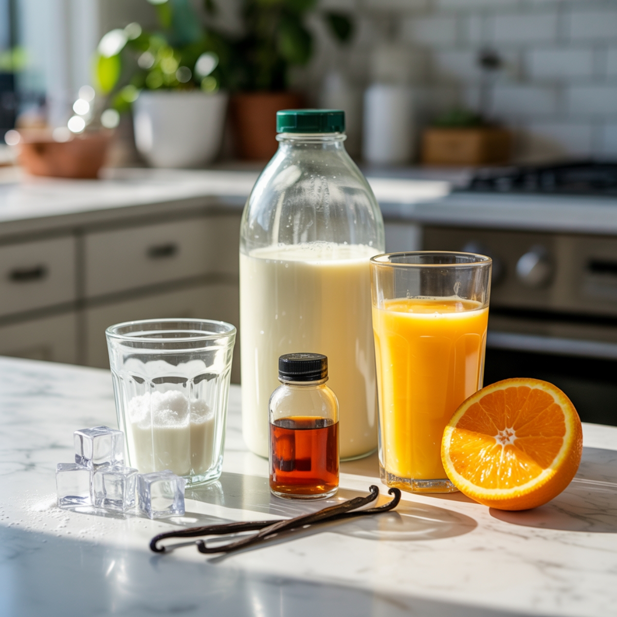 Close-up flat lay of Orange Julius smoothie ingredients on kitchen counter