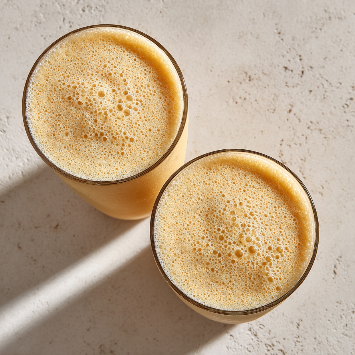 Close-up of frothy Orange Julius smoothie served in tall glasses