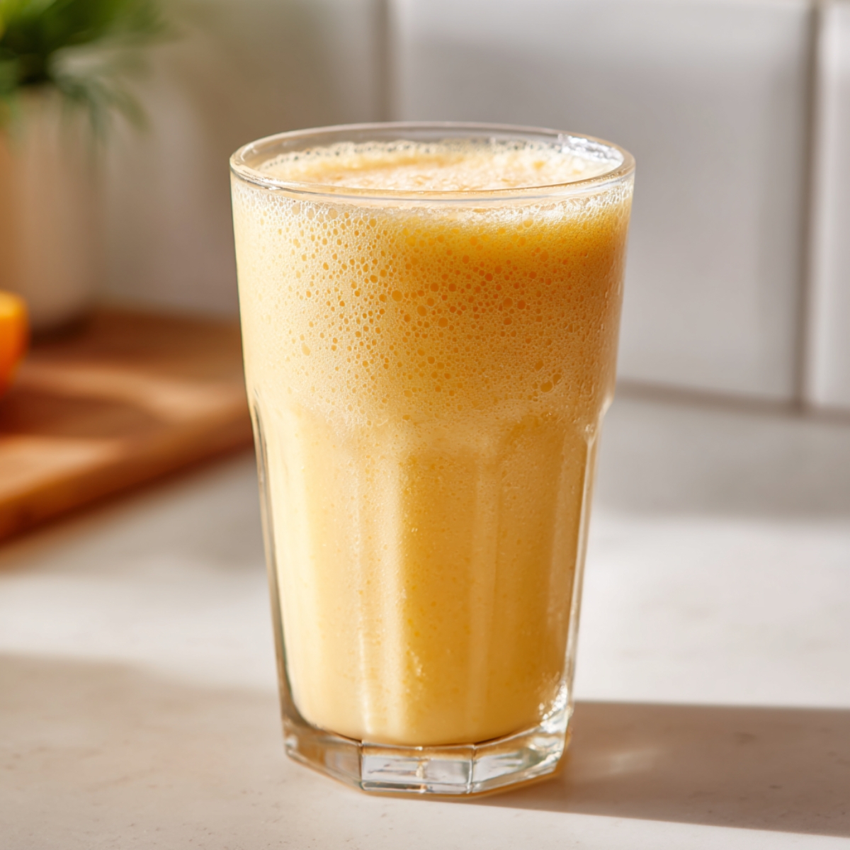 Close-up of Orange Julius smoothie served in tall glasses on white counter