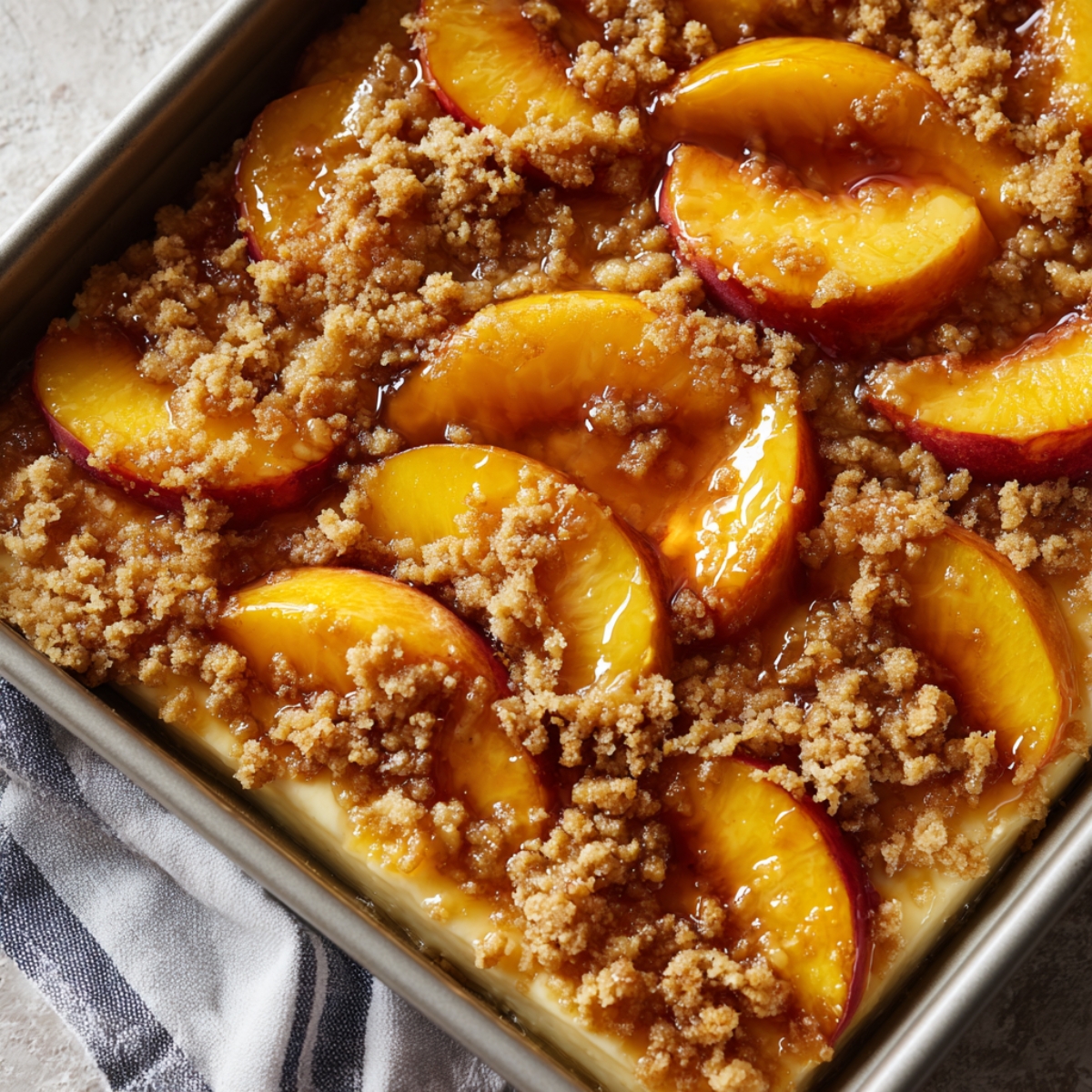  Unbaked peach cheesecake bars with peach topping and crumble

