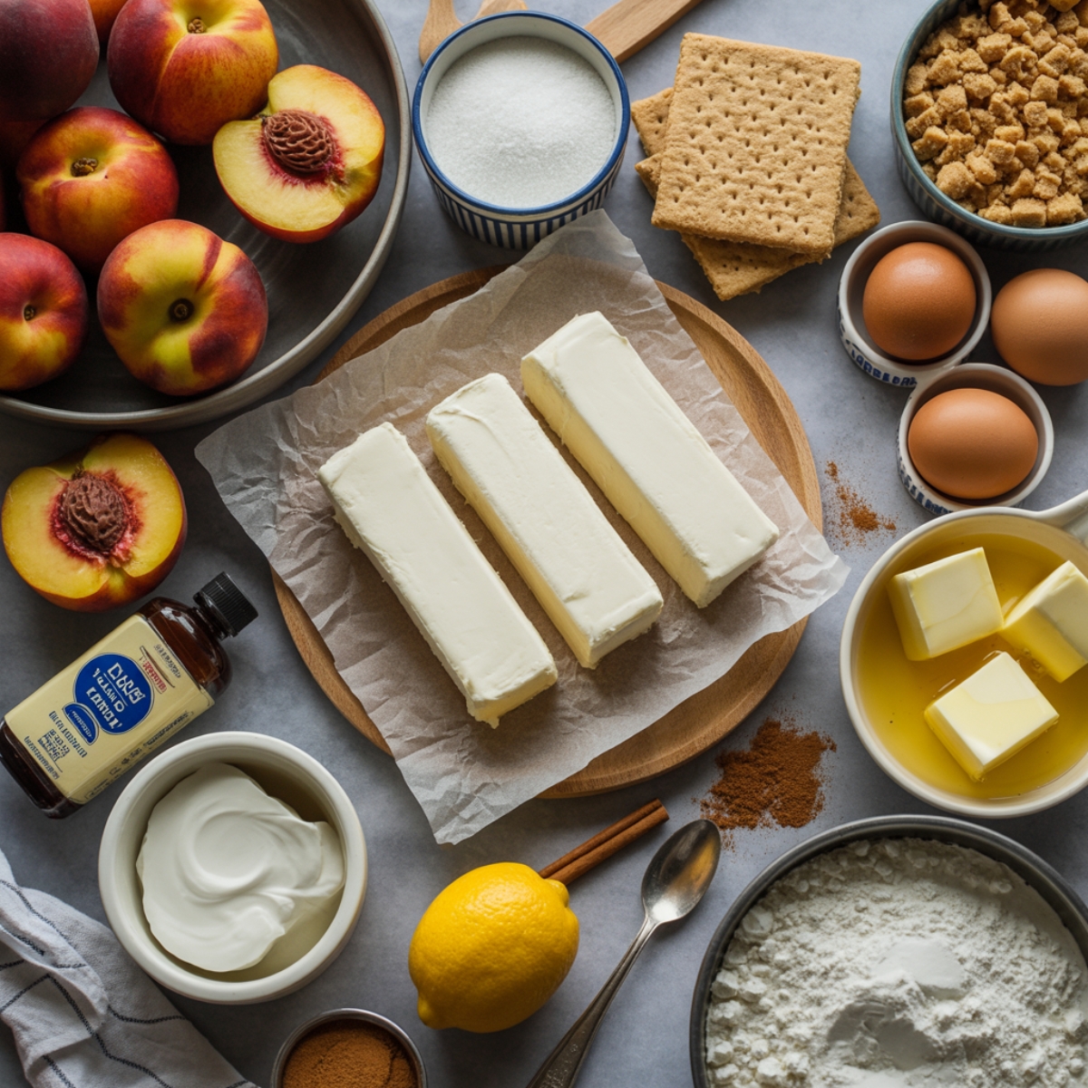  Ingredients for peach cheesecake bars on white counter