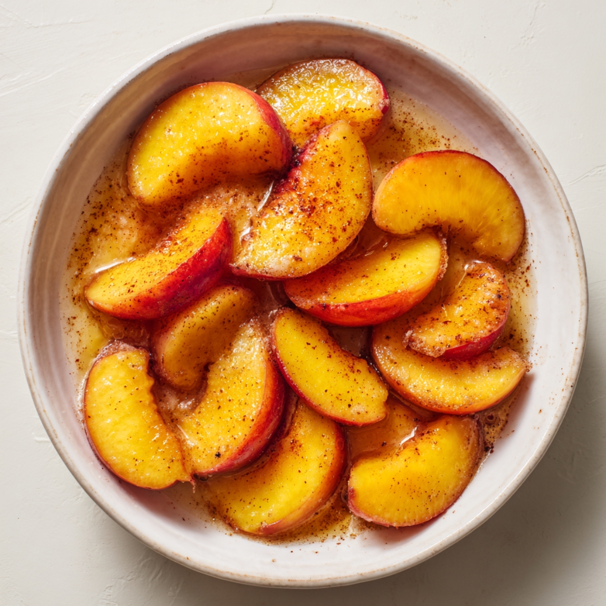 Peach topping mixture in bowl for peach cheesecake bars