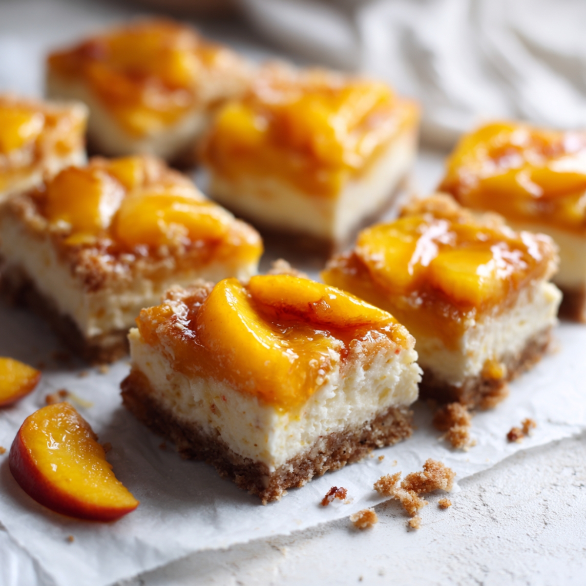 Sliced peach cheesecake bars with crumb crust and peach topping