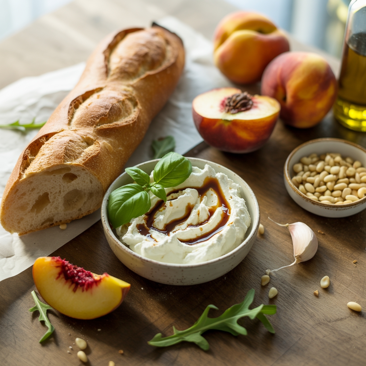 flatlay of fresh ingredients for peach bruschetta on white counter