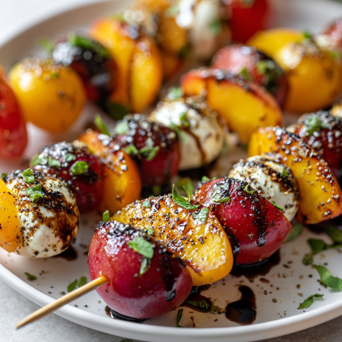 Peach Caprese Skewers served on a white platter with balsamic drizzle