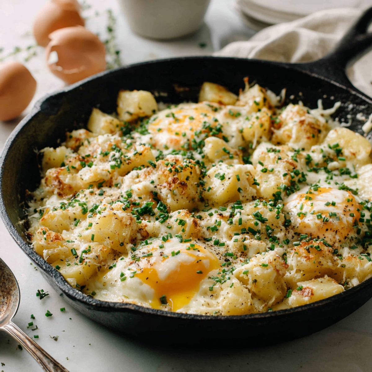 golden potato egg scramble in cast iron skillet on white counter