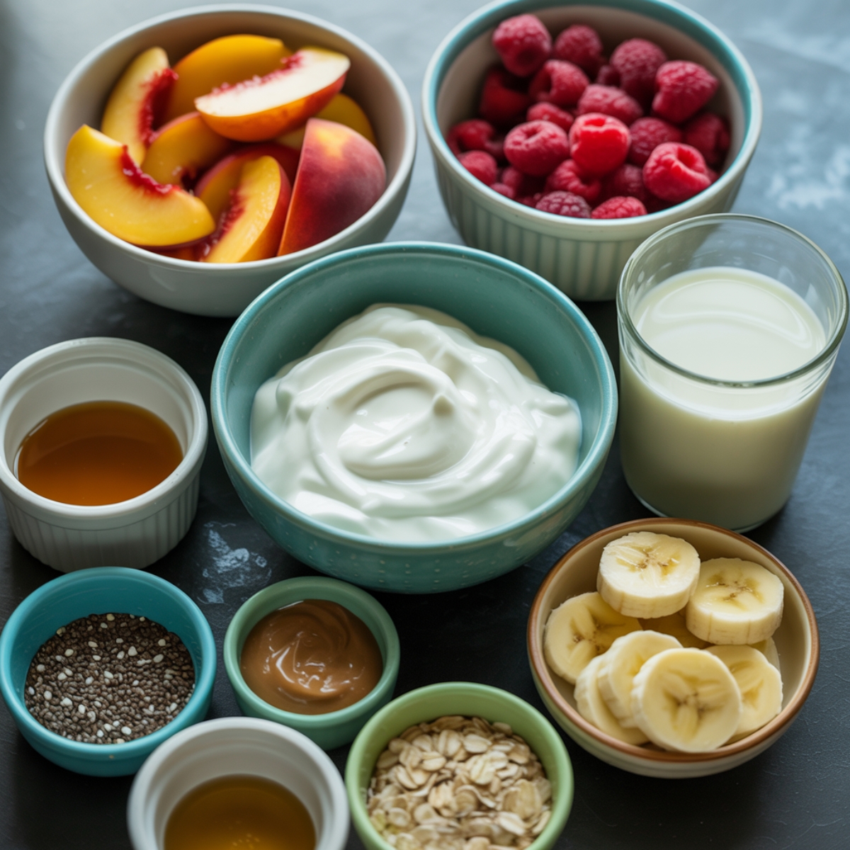 Raspberry peach smoothie ingredients on white kitchen counter

