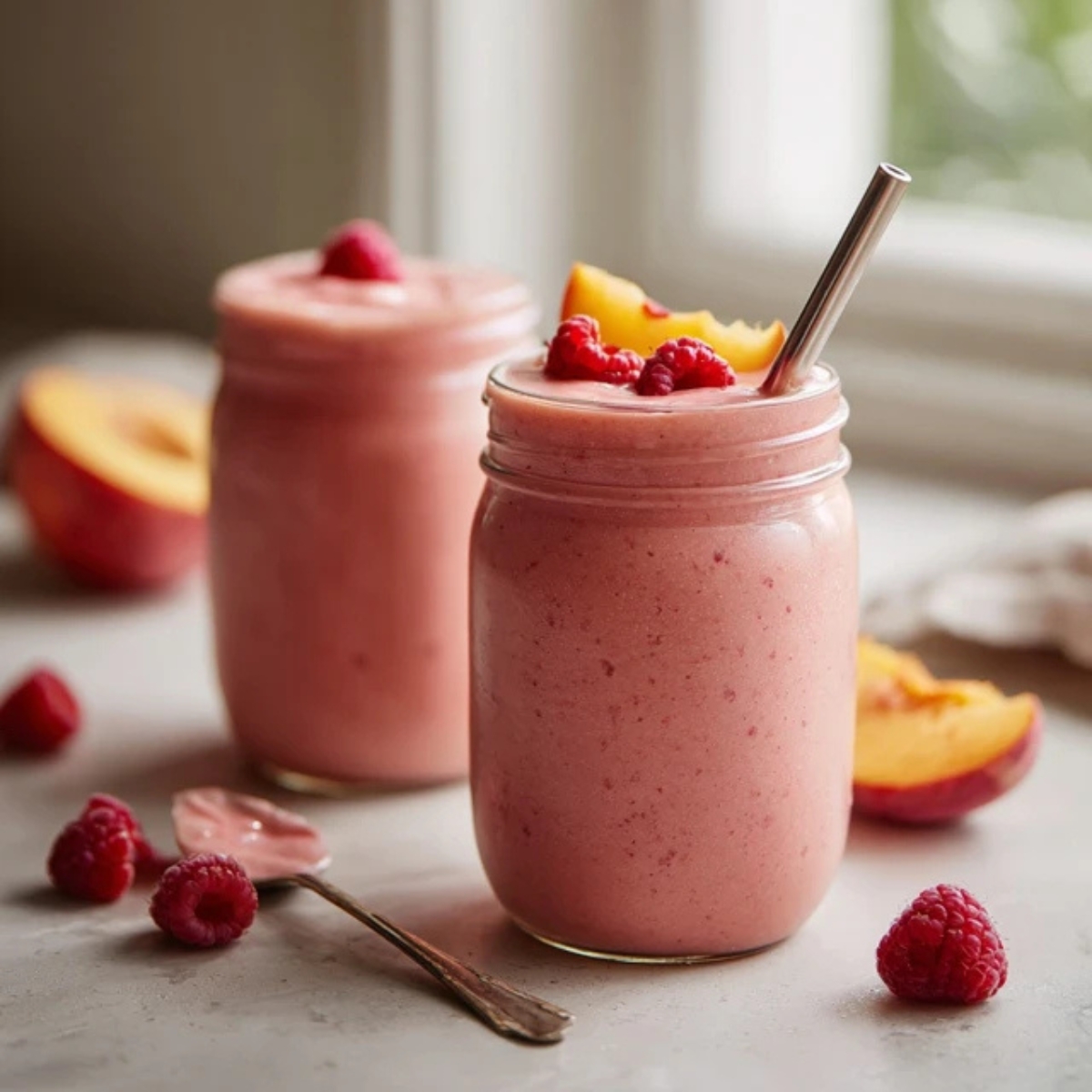 Homemade raspberry peach smoothie served in glasses on white counter

