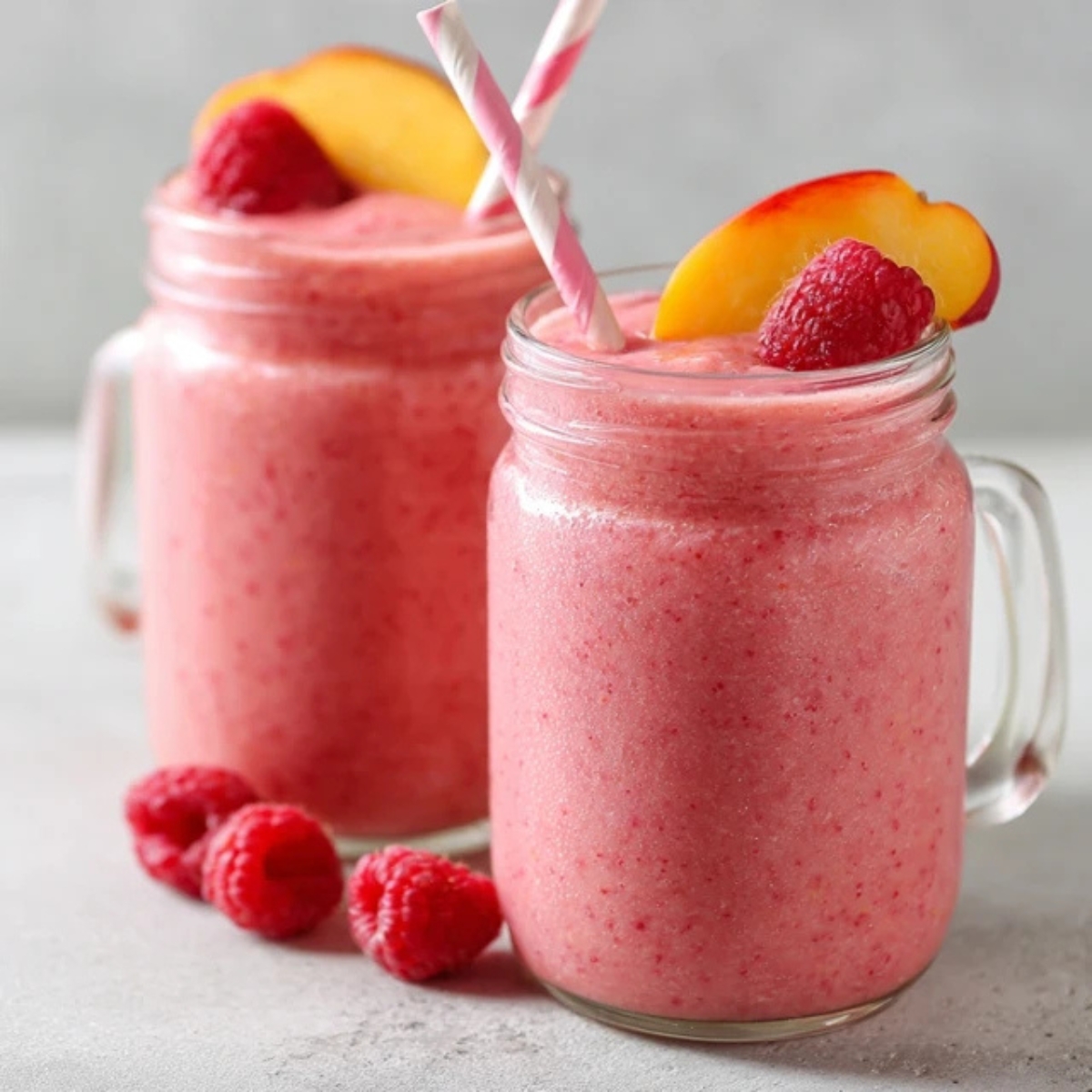 Creamy raspberry peach smoothie served in glasses on white counter