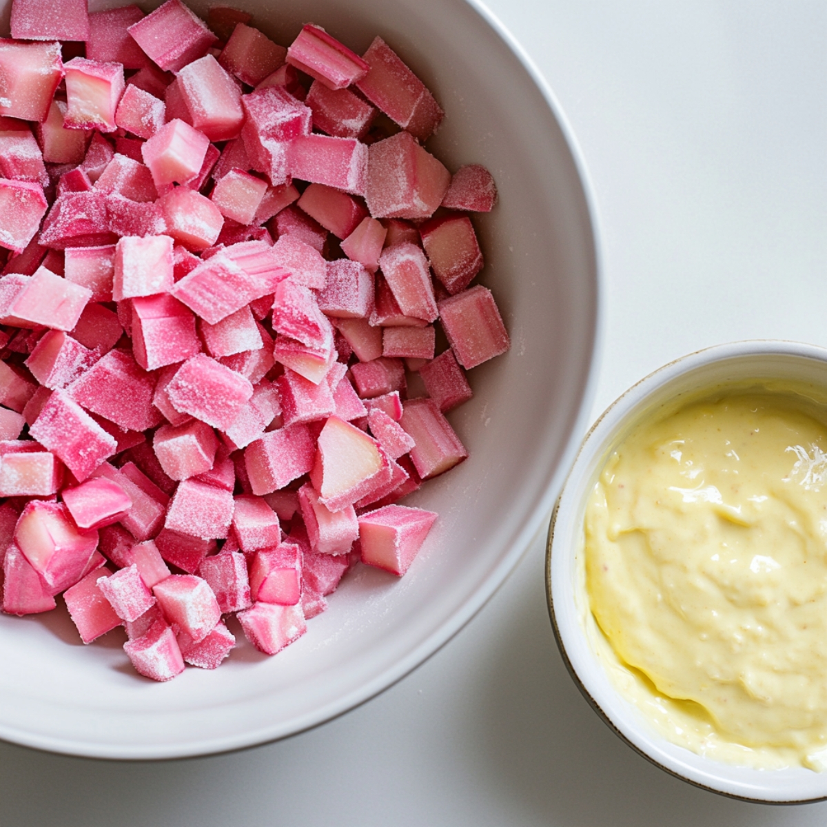 Rhubarb and custard mixture in white mixing bowl