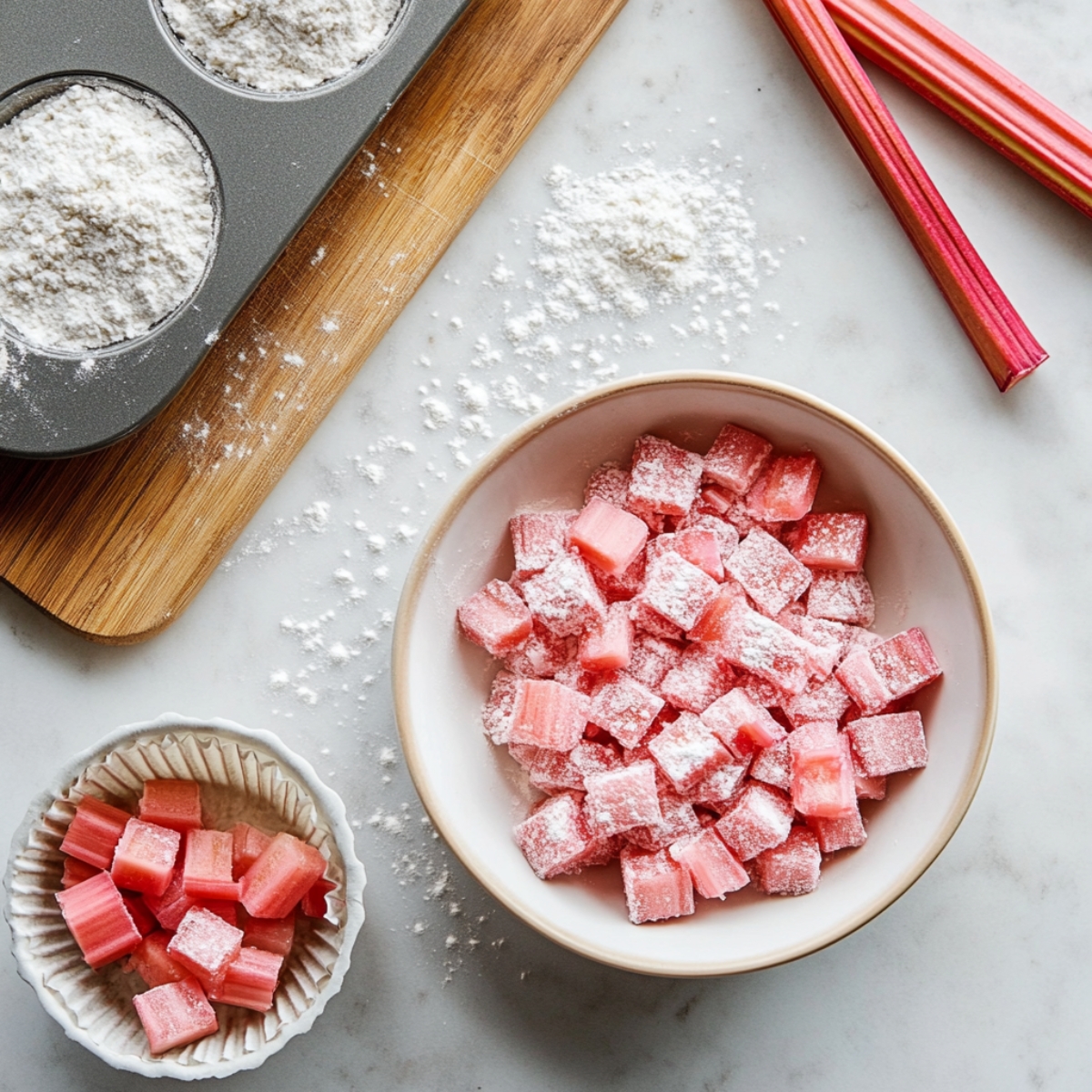 Chopped rhubarb and lined muffin tin for Rhubarb Oat Muffins