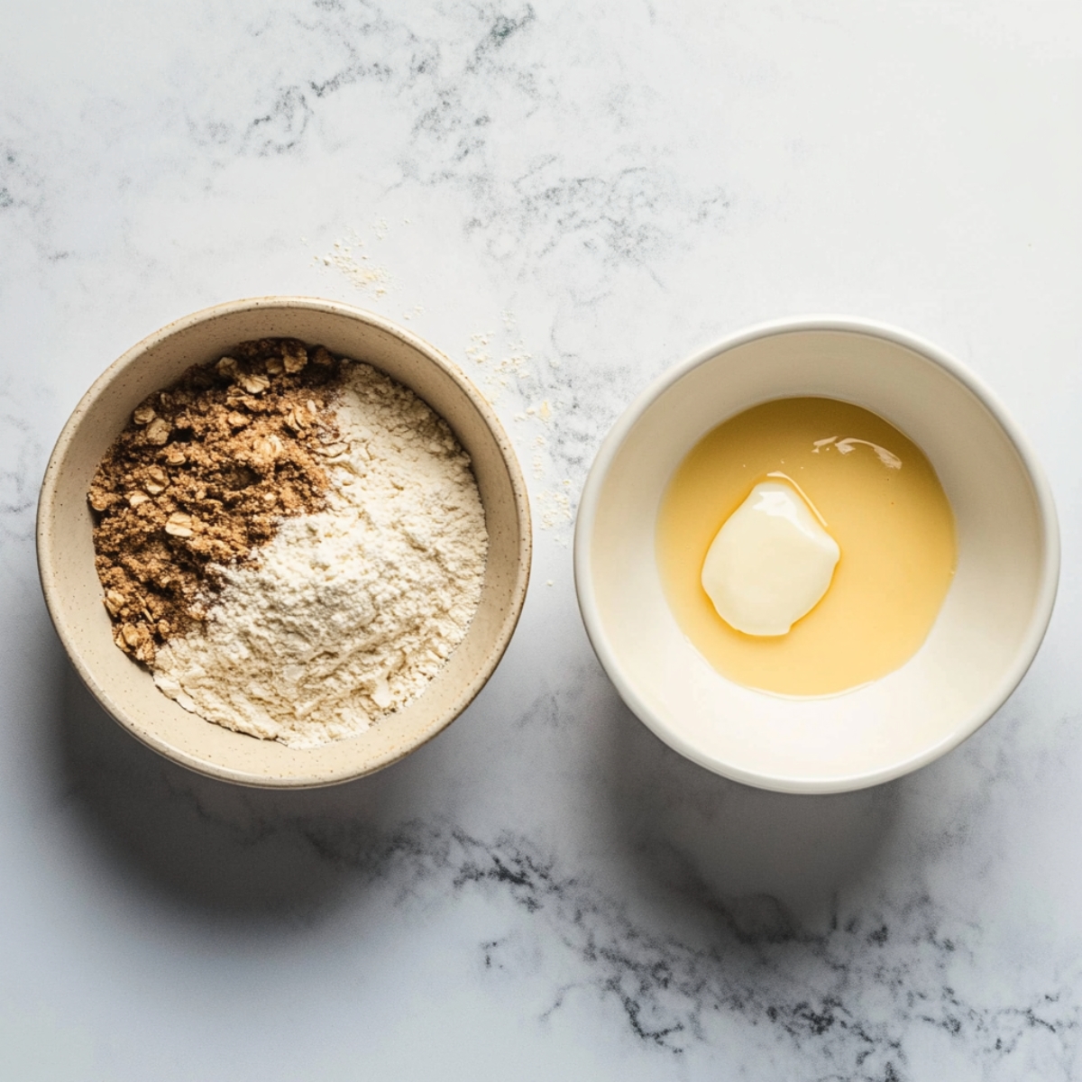 Dry and wet ingredients for Rhubarb Oat Muffins in mixing bowls