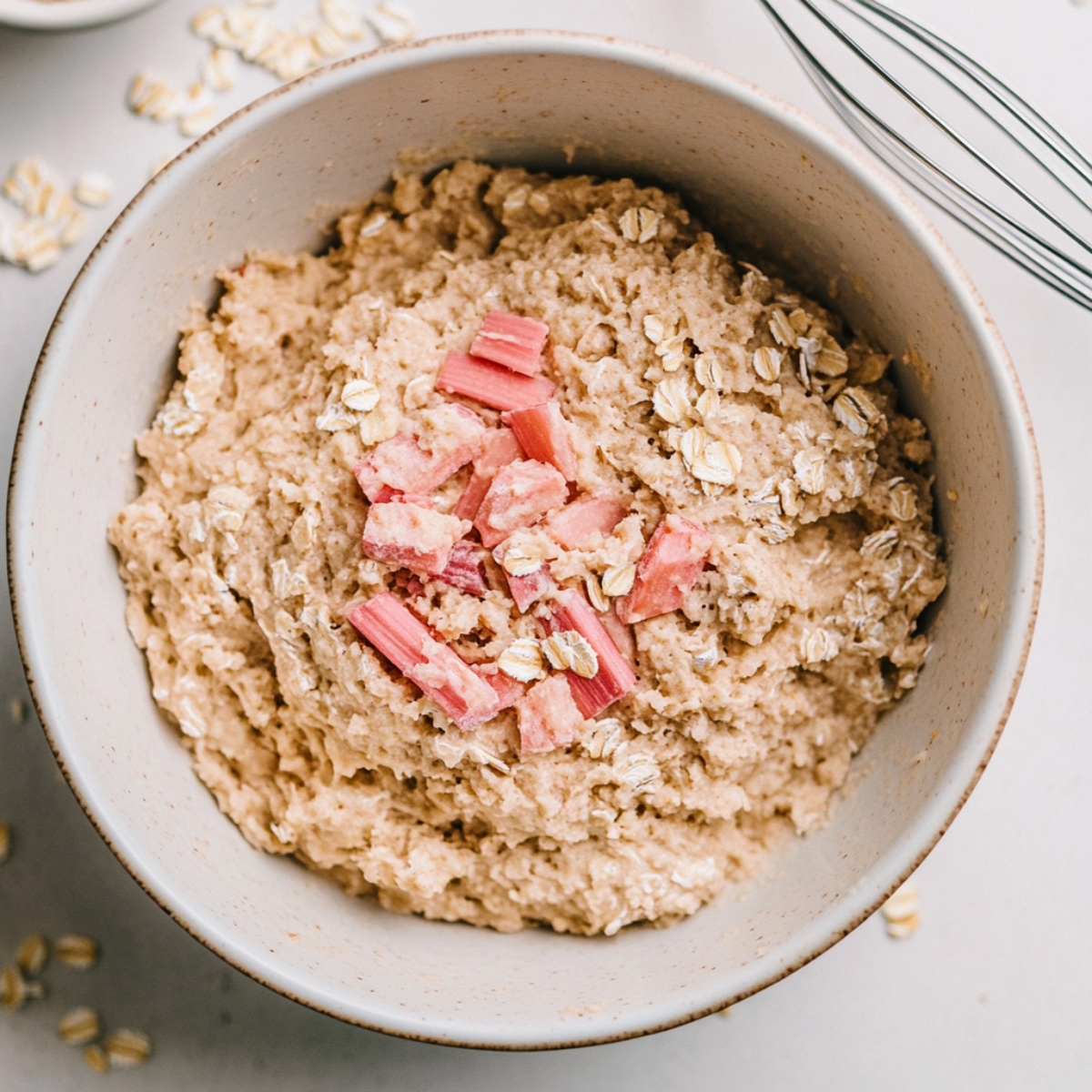 Rhubarb Oat Muffin batter with rhubarb folded in, close-up in bowl