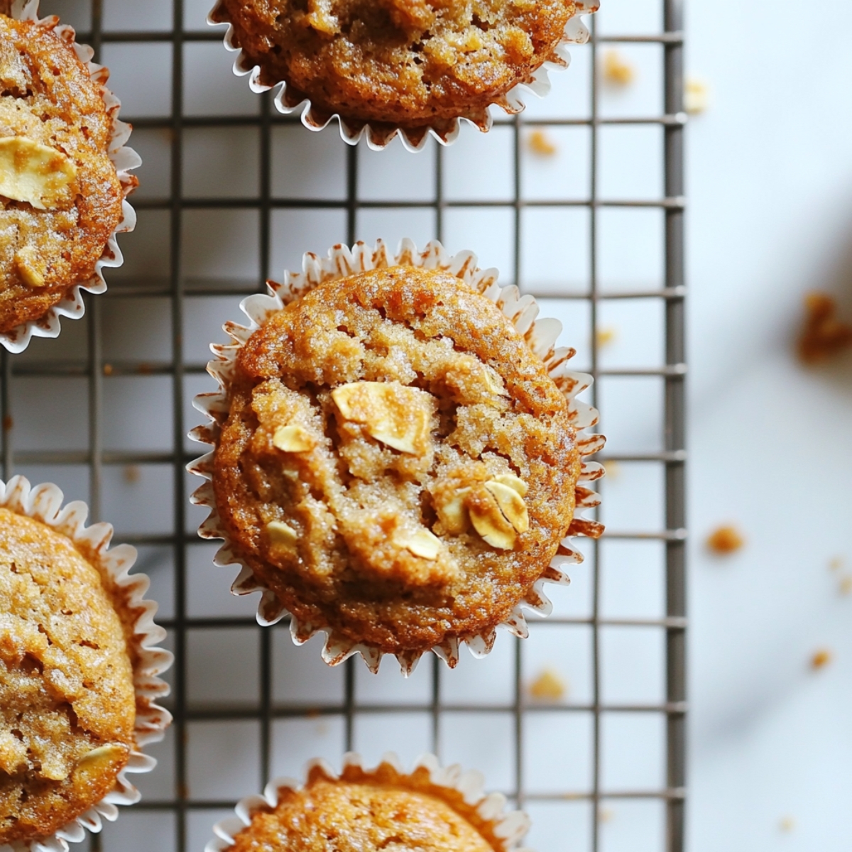 Freshly baked Rhubarb Oat Muffins cooling on wire rack