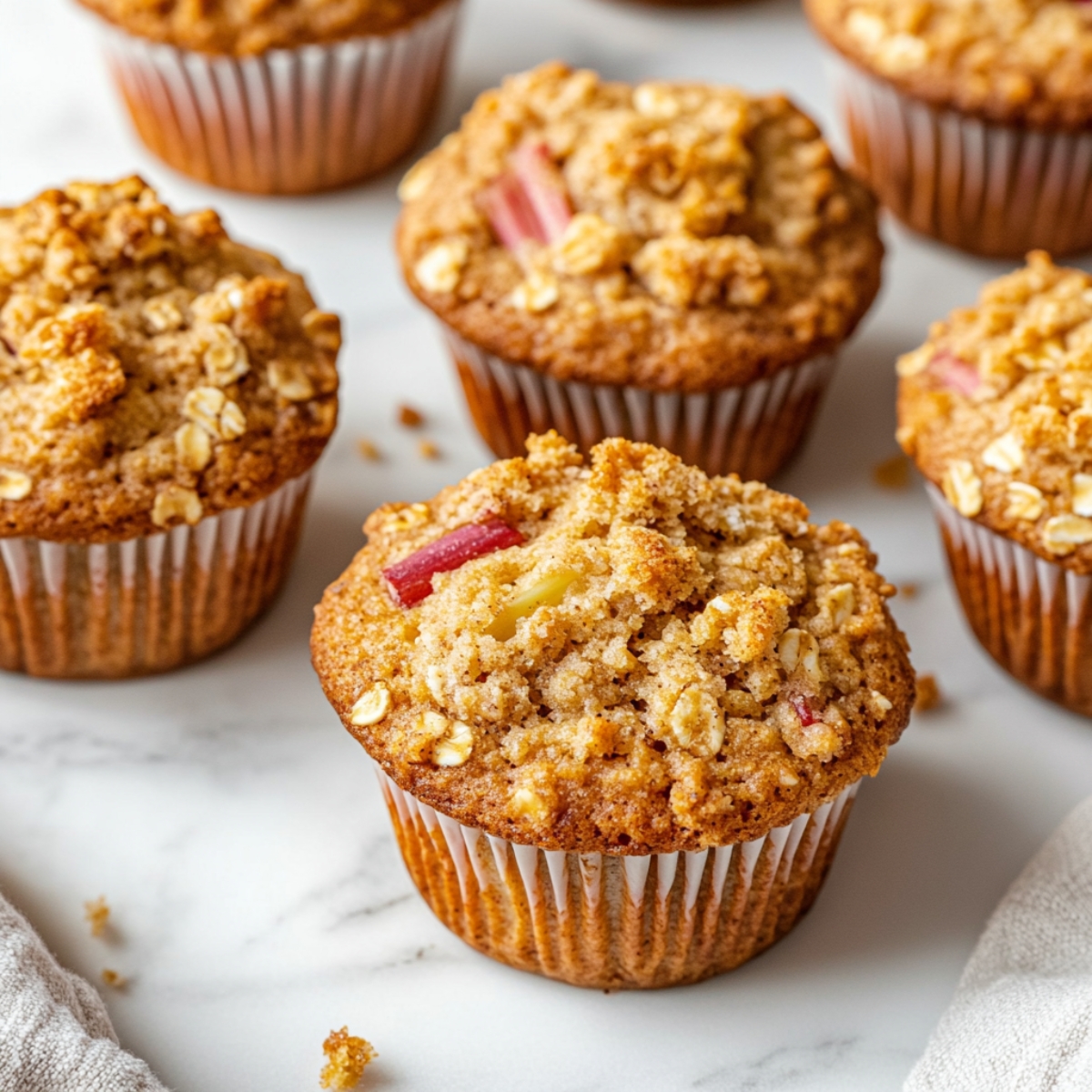Golden brown rhubarb oat muffins on white kitchen counter with rustic styling

